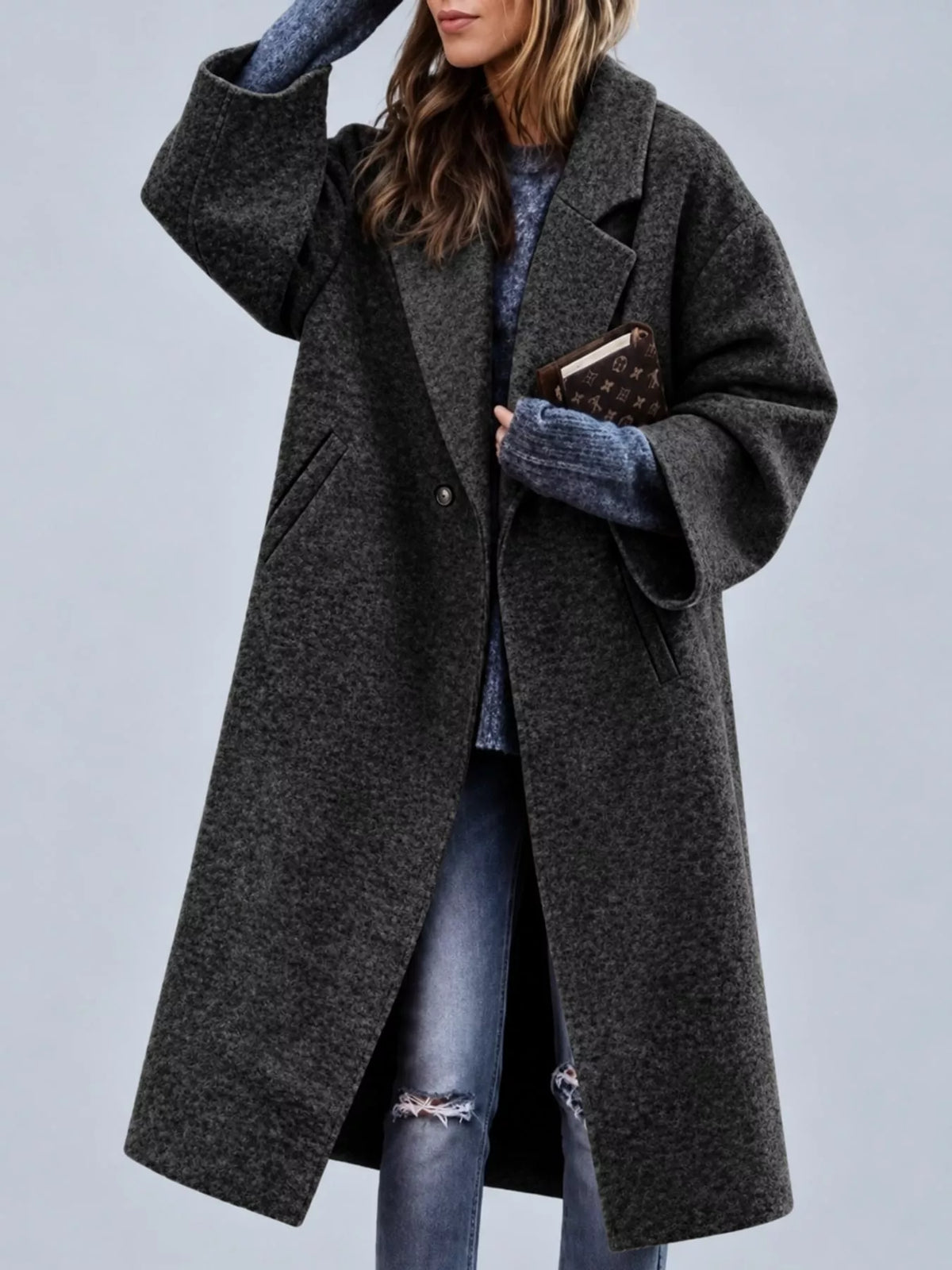 Charcoal lapel collar one button coat