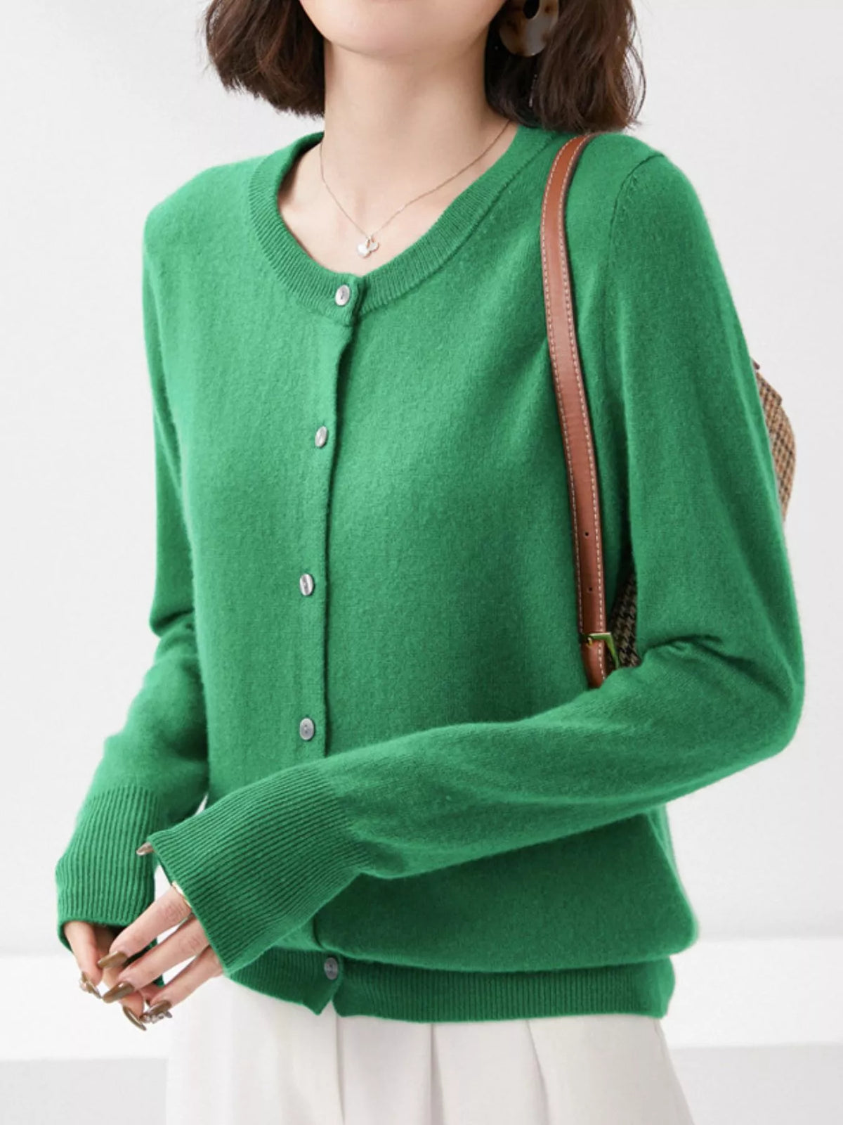 Green crew neck button-front cardigan