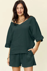 Trendsi Double Take Texture Half Sleeve T-Shirt and Drawstring Shorts Set -