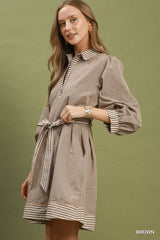 Trendsi Umgee Striped Contrast Belted Puff Sleeve Mini Dress -