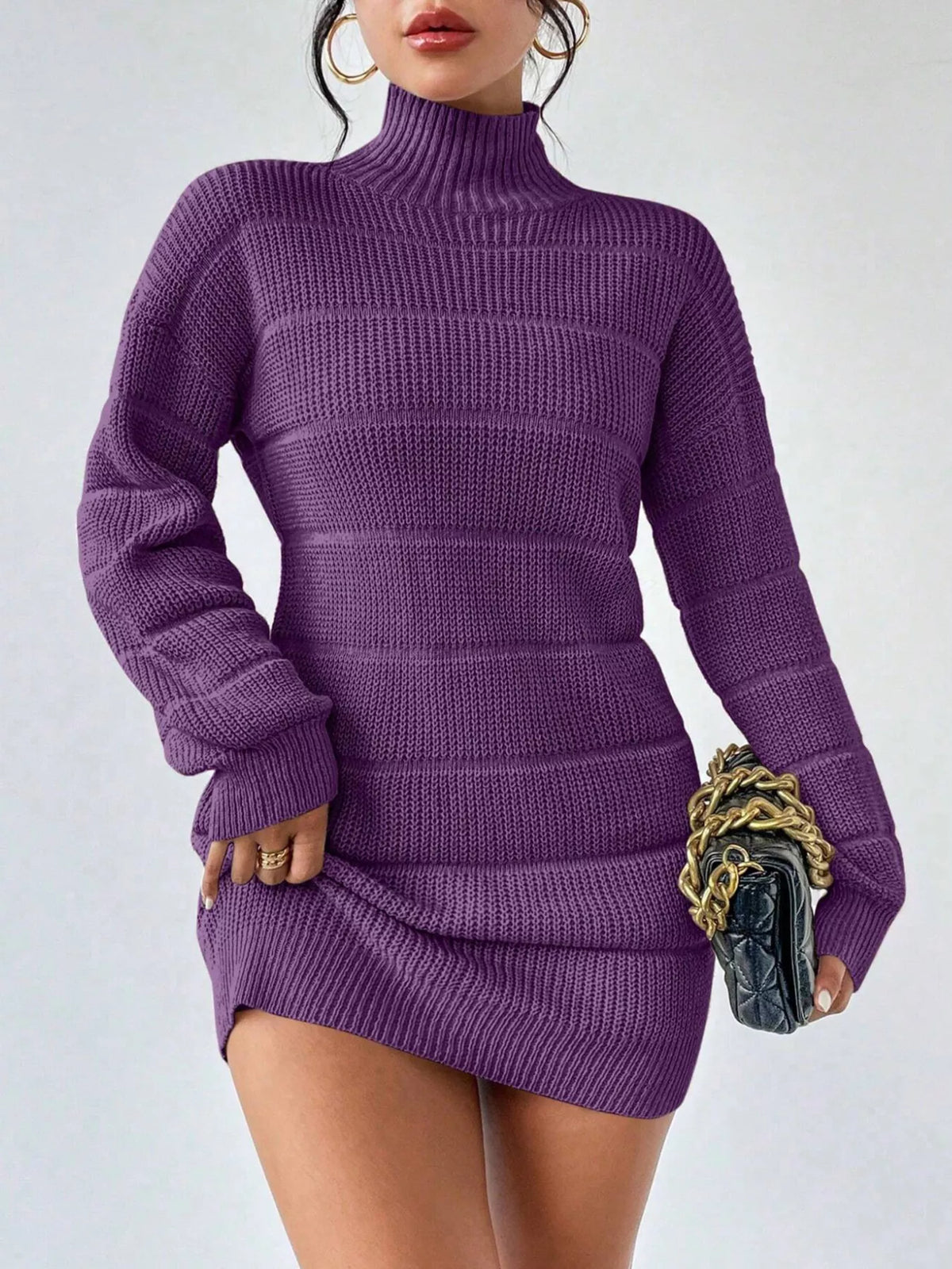 Women's Turtleneck Long Sleeve Sweater Dress in Wine Red, front view