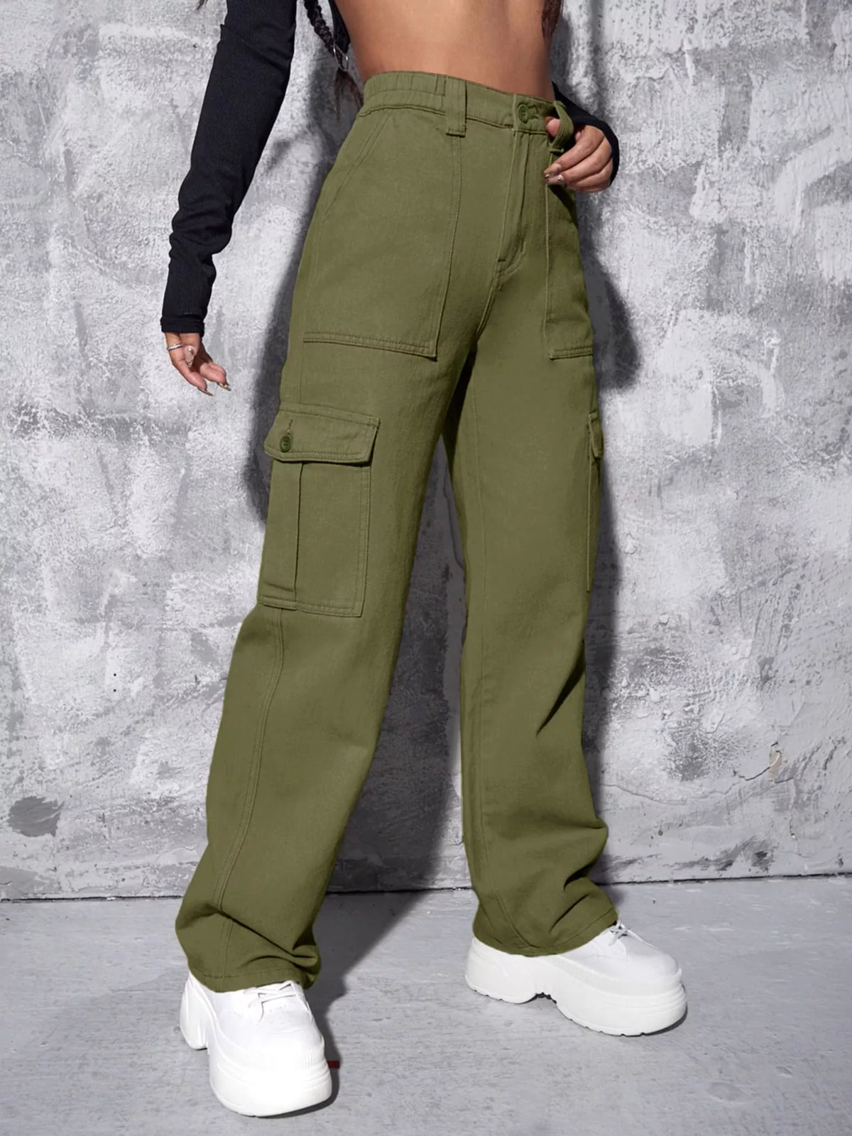 Olive green wide-leg cargo jeans, front view at an angle