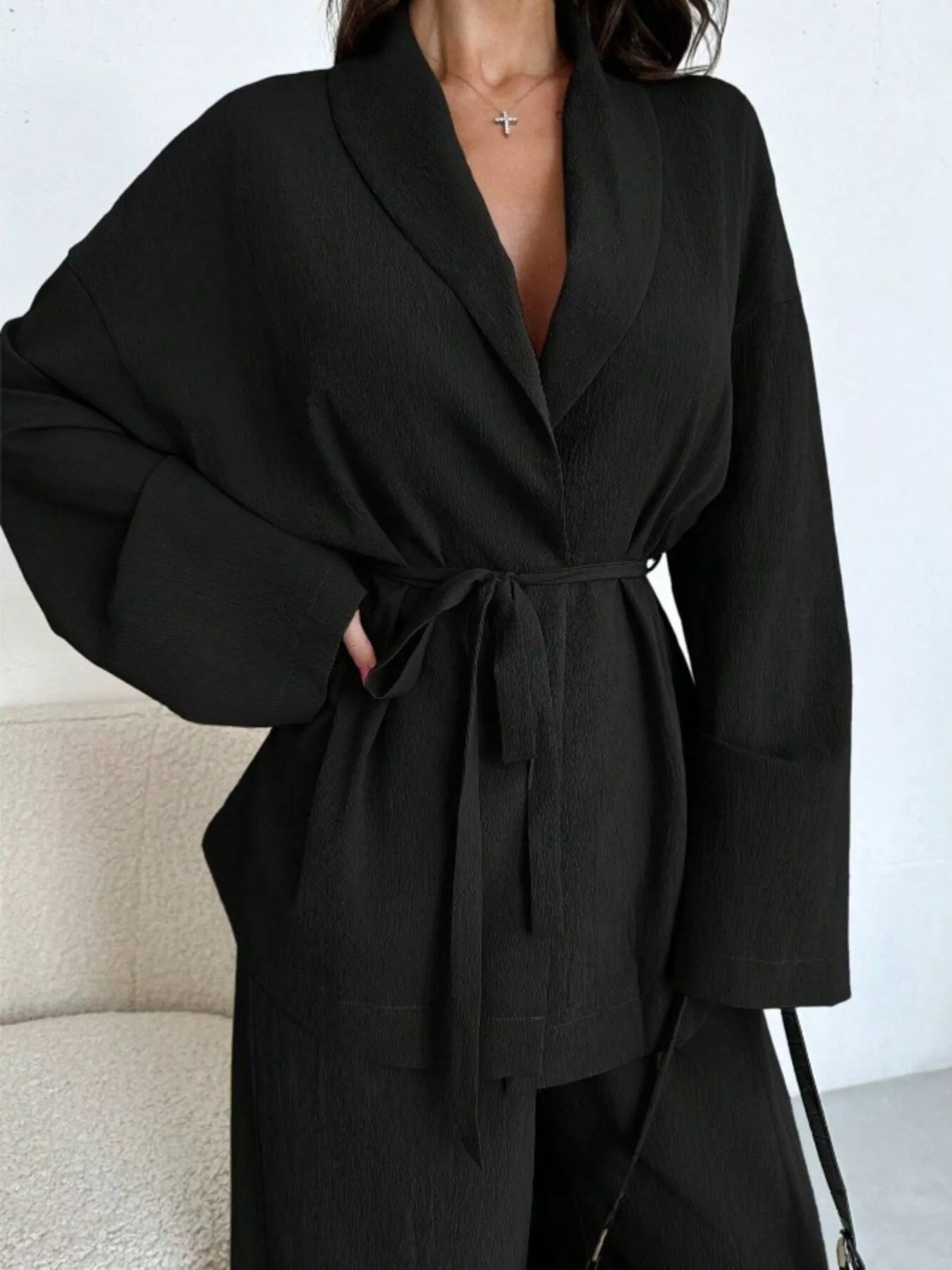 Trendsi Textured Tie Waist Top and Wide-Leg Pants Set -
