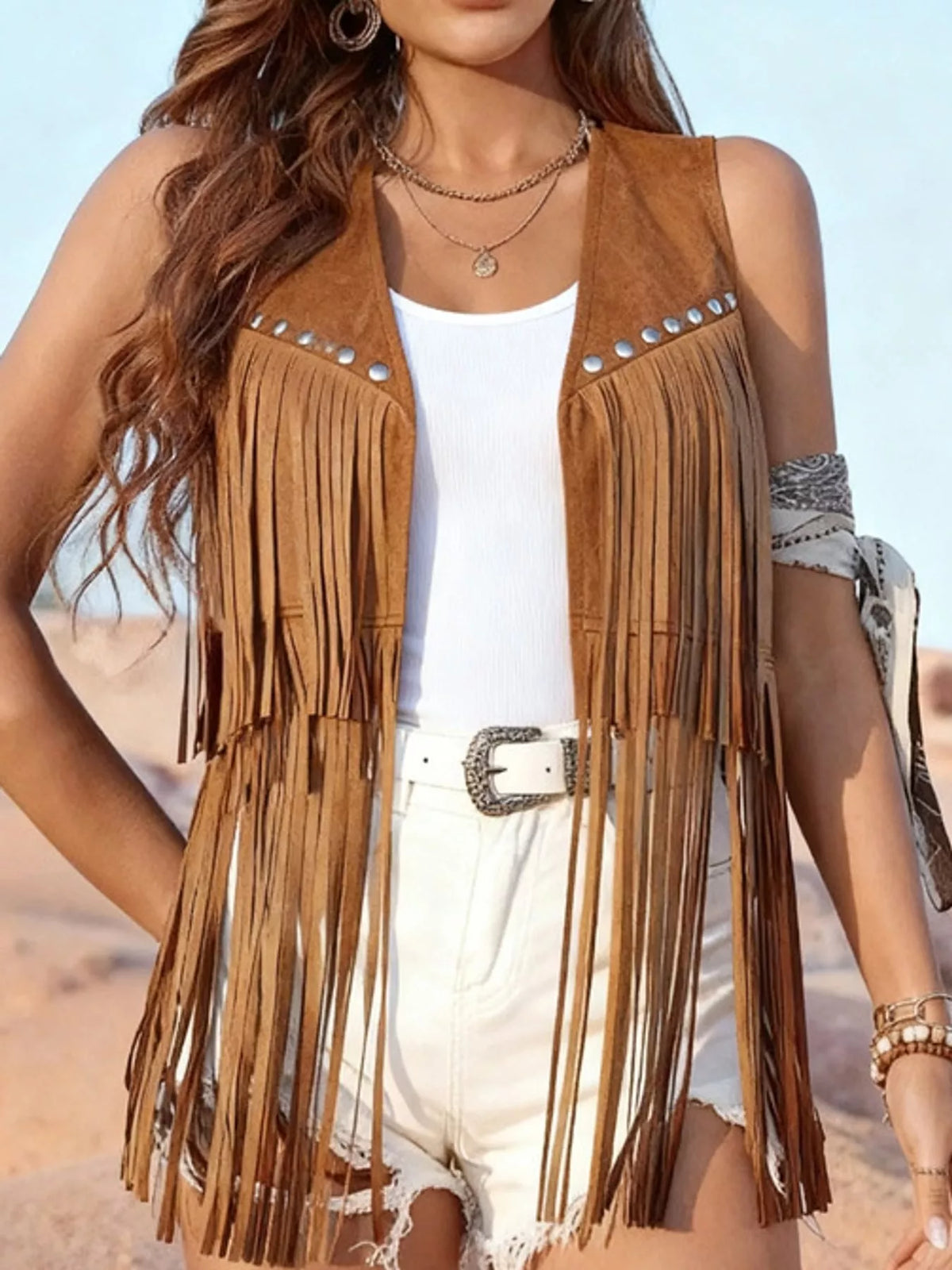 Fringed Suede Vest Coat in khaki