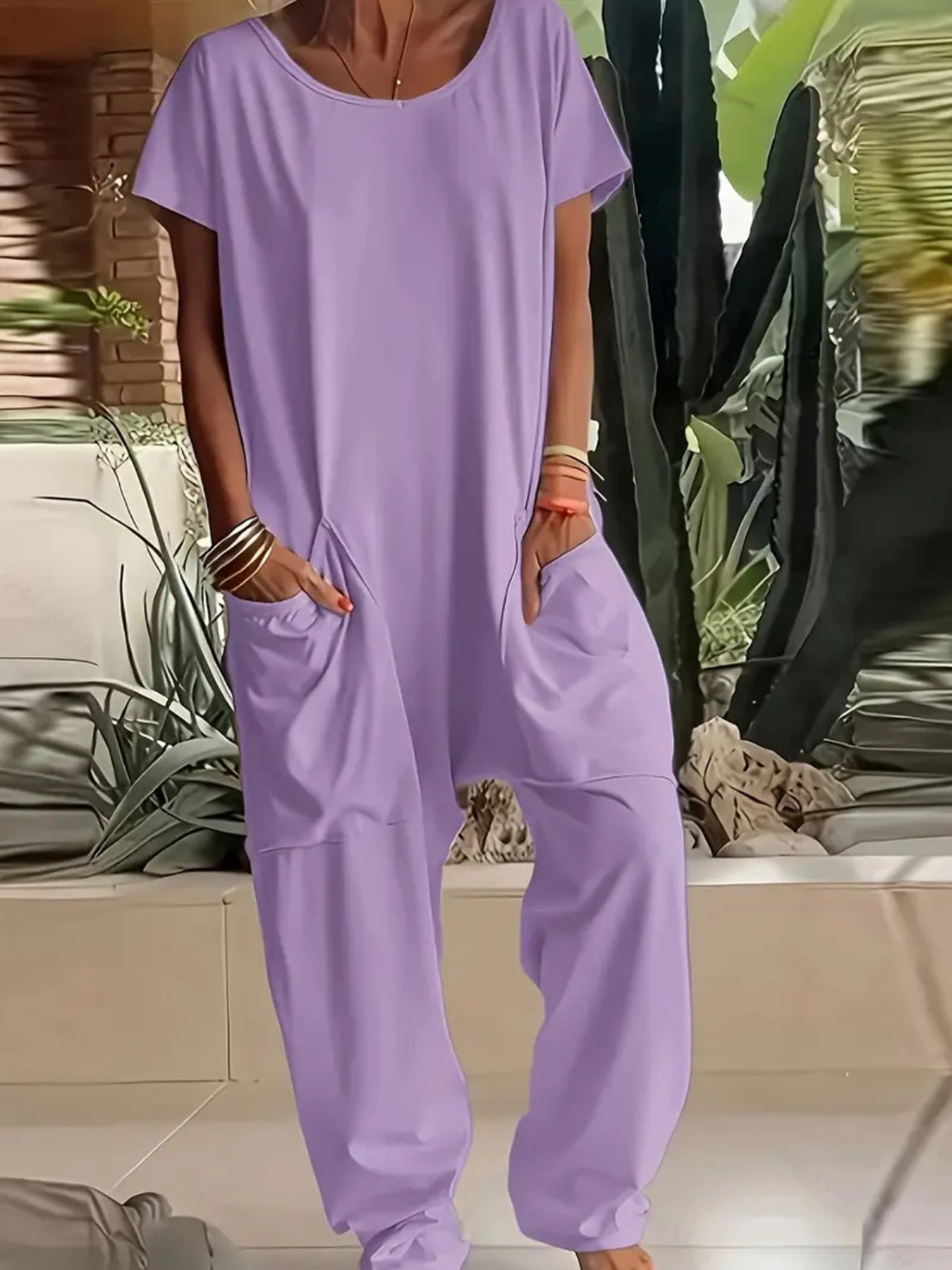 Trendsi Full Size Loose Fit V-Neck Short Sleeve Wide Leg Jumpsuit Plus Size -