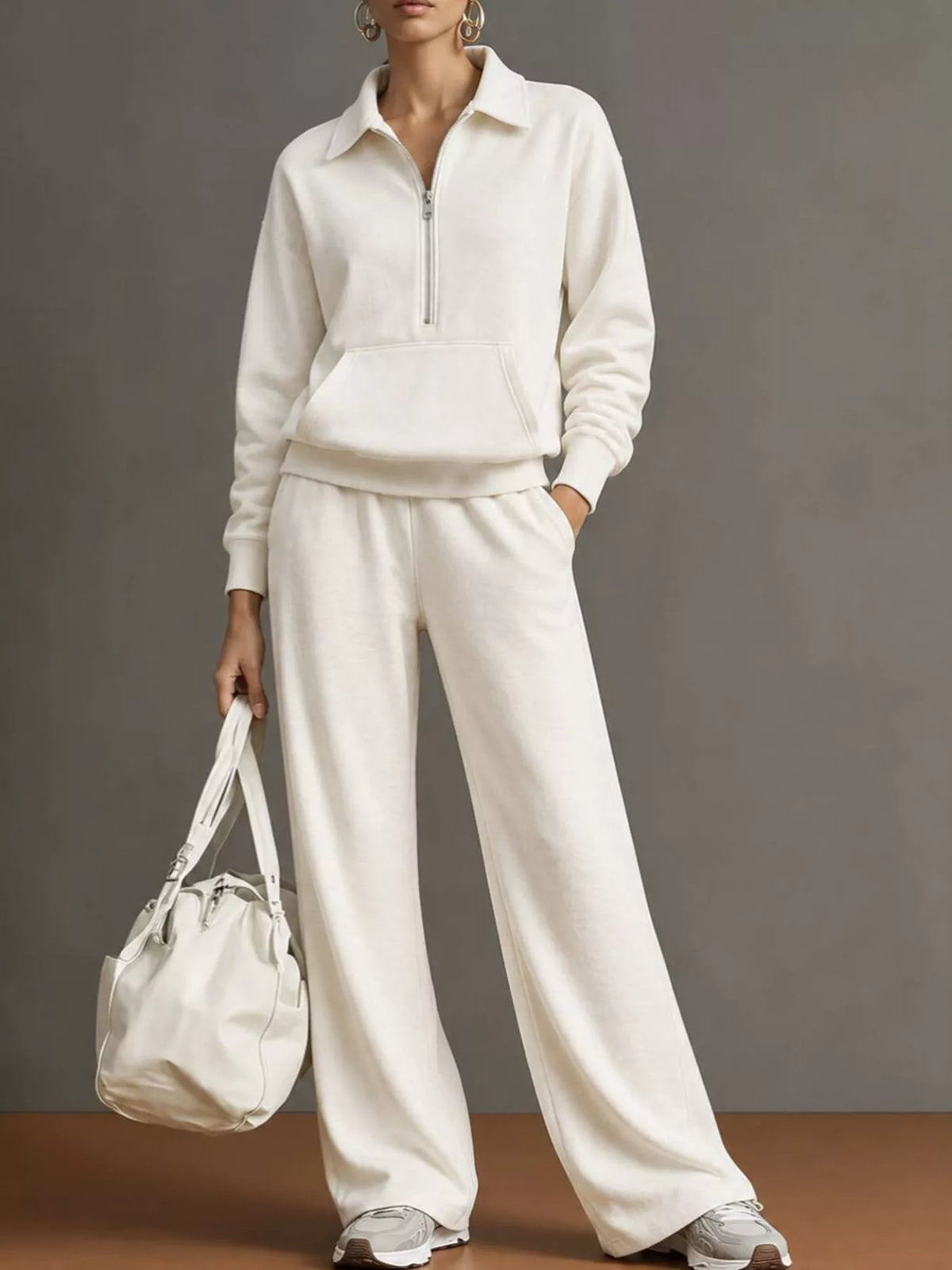 Half Zip Long Sleeve Top and Pants Set — front view