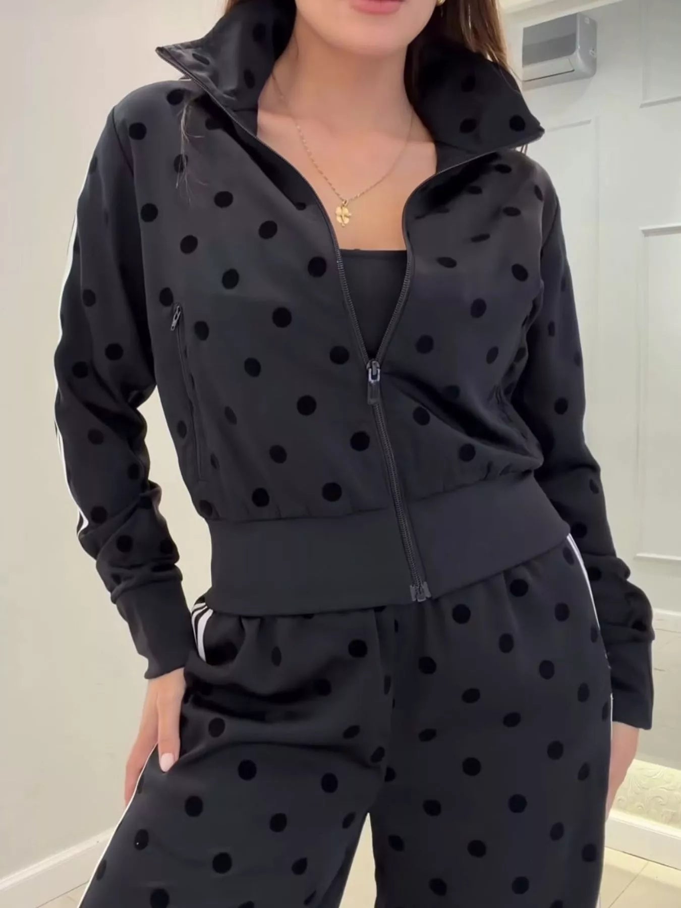 Trendsi Polka Dot Side Striped Outerwear and Pants Set -