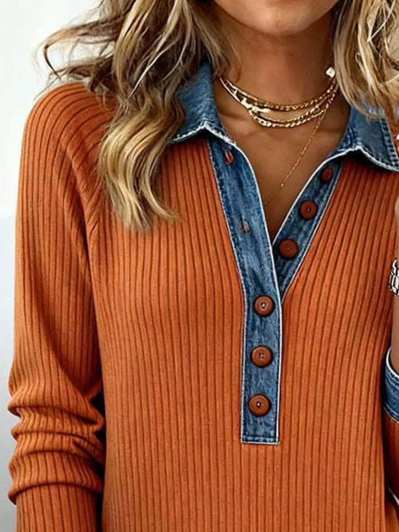 Trendsi Full Size Denim Trim Ribbed Knit Top Plus Size -