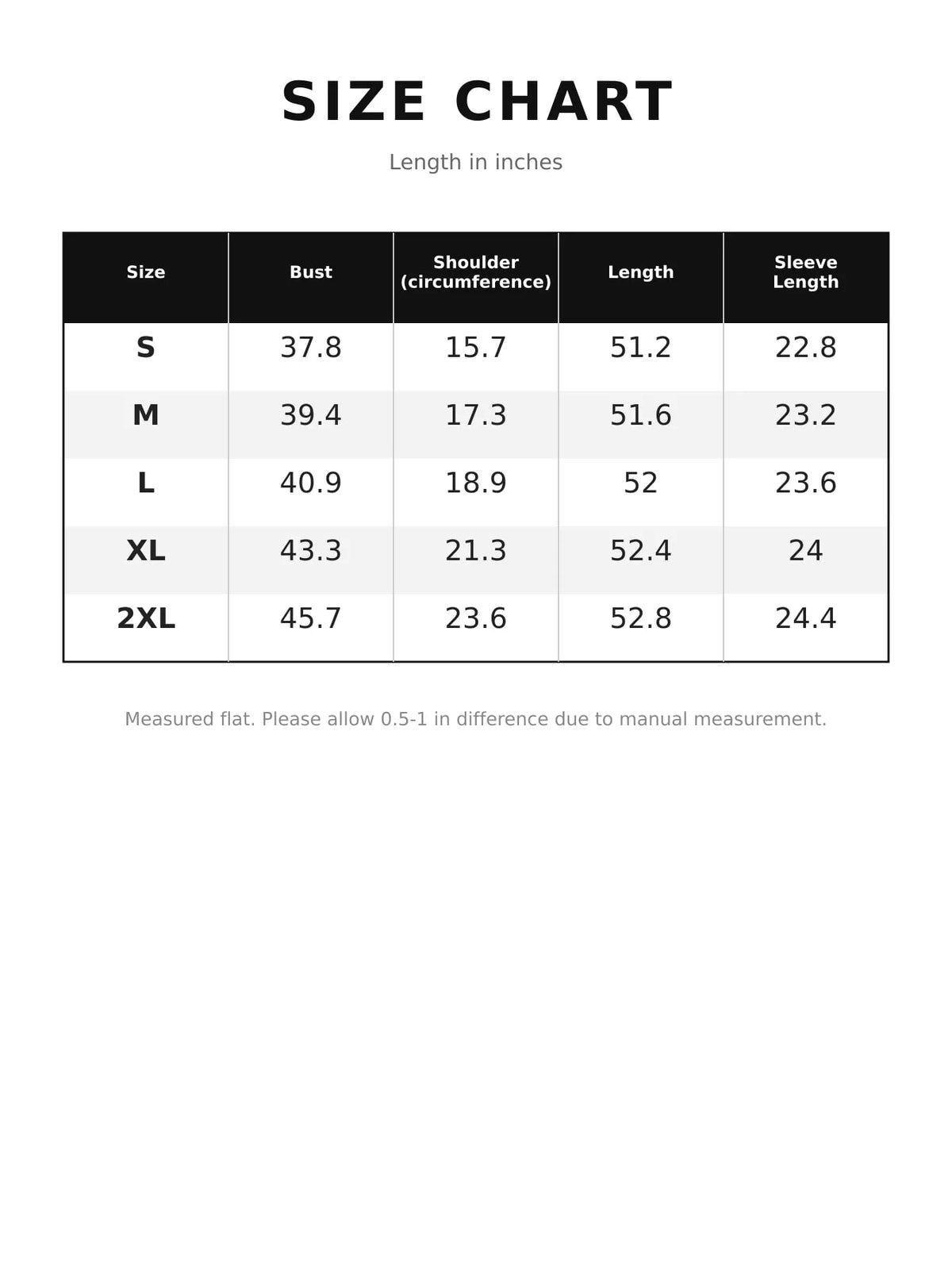 Longline Belted Trench Coat — size and measurement chart