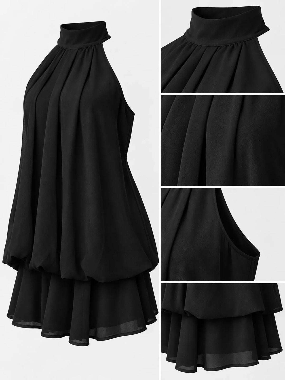 Black halter neck layered mini dress, front and detail collage