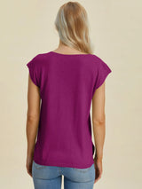 Trendsi Double Take Full Size Notched Cap Sleeve Knit Top -