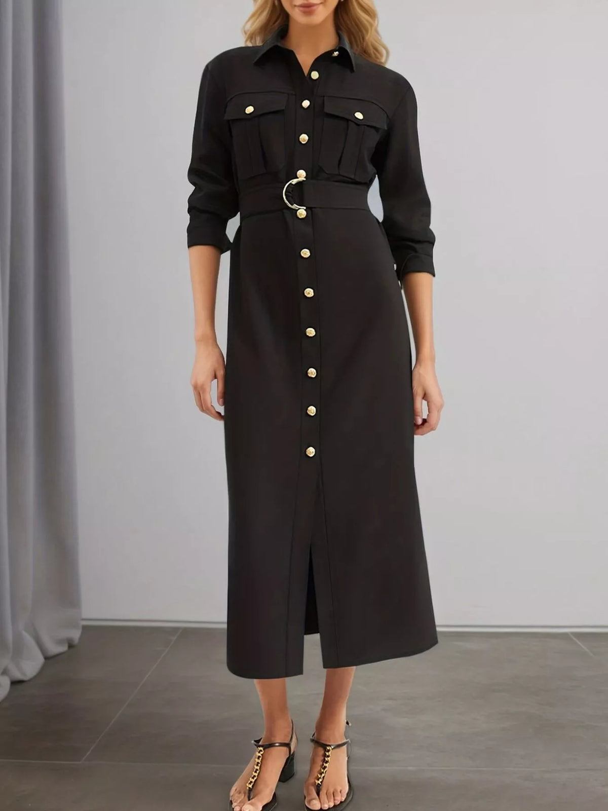 Button Front Midi Dress in black, front view