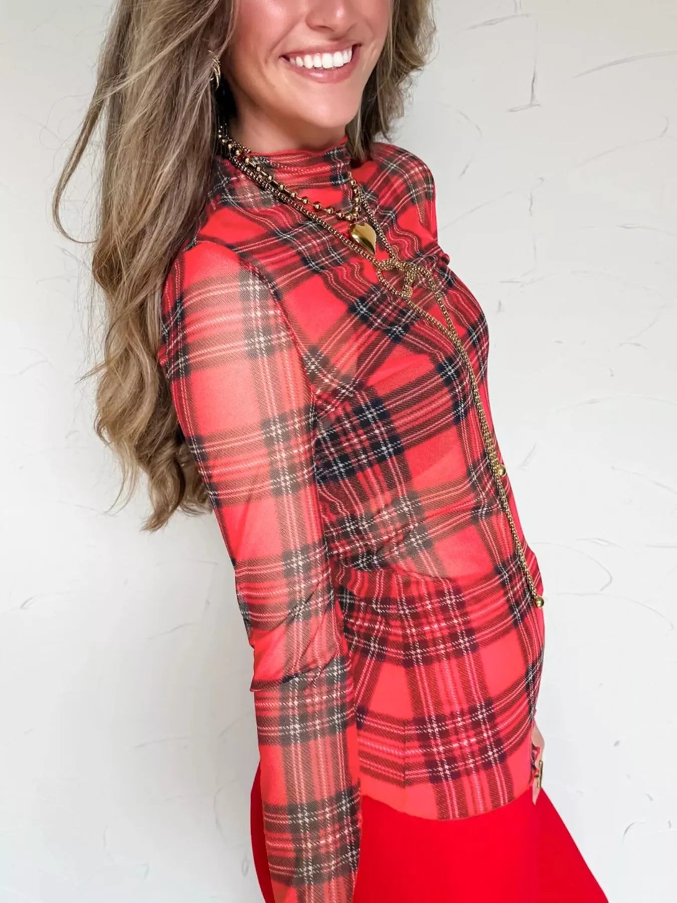 Trendsi Sheer Plaid Mock Neck Long Sleeve Blouse -