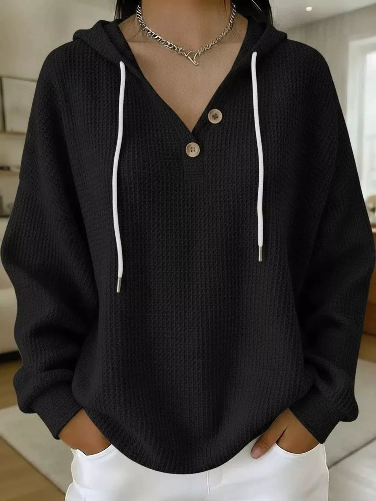 Waffle-knit hoodie, black front