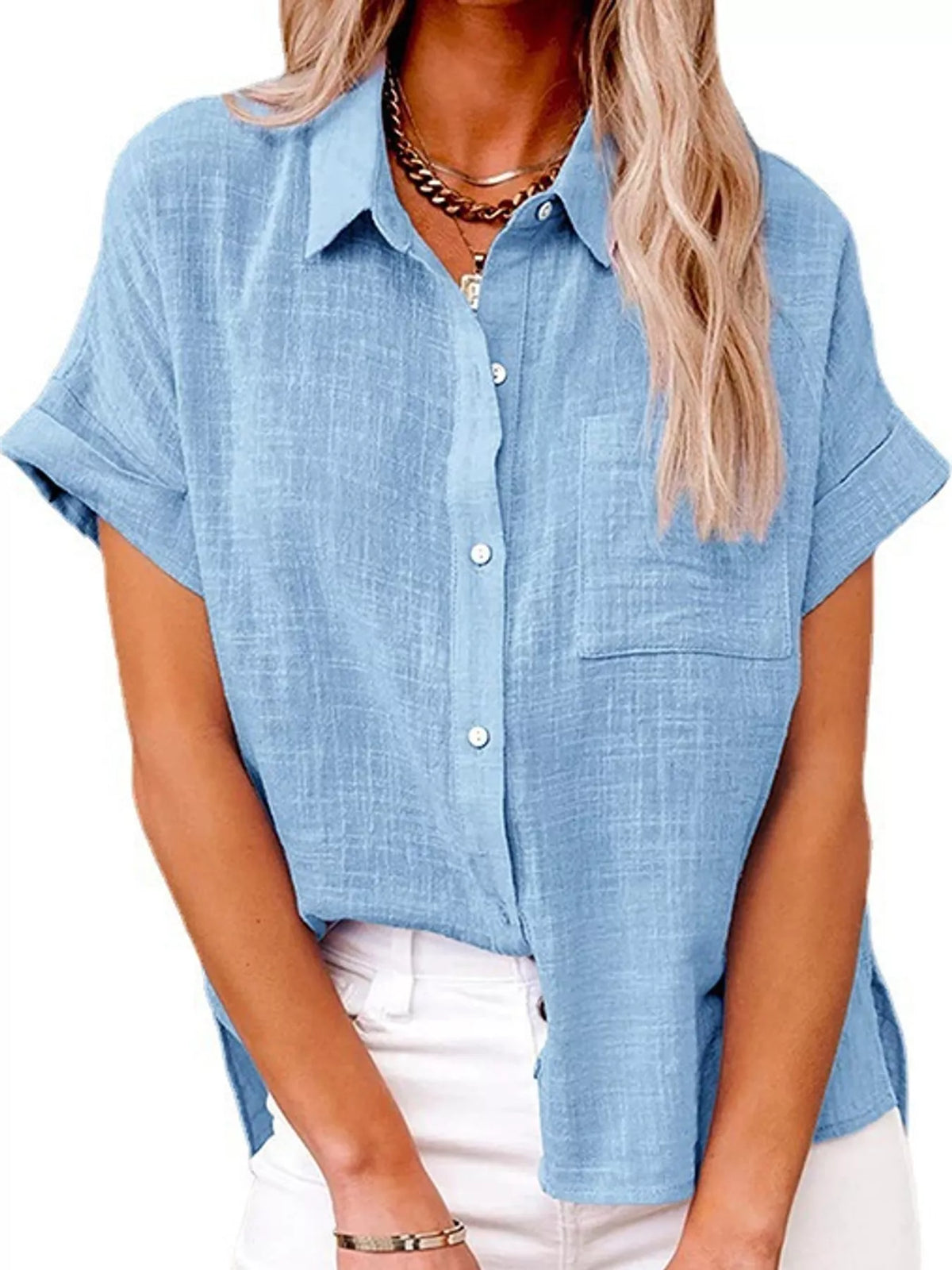 Women's Button Up Short Sleeve Shirt in light blue — front view