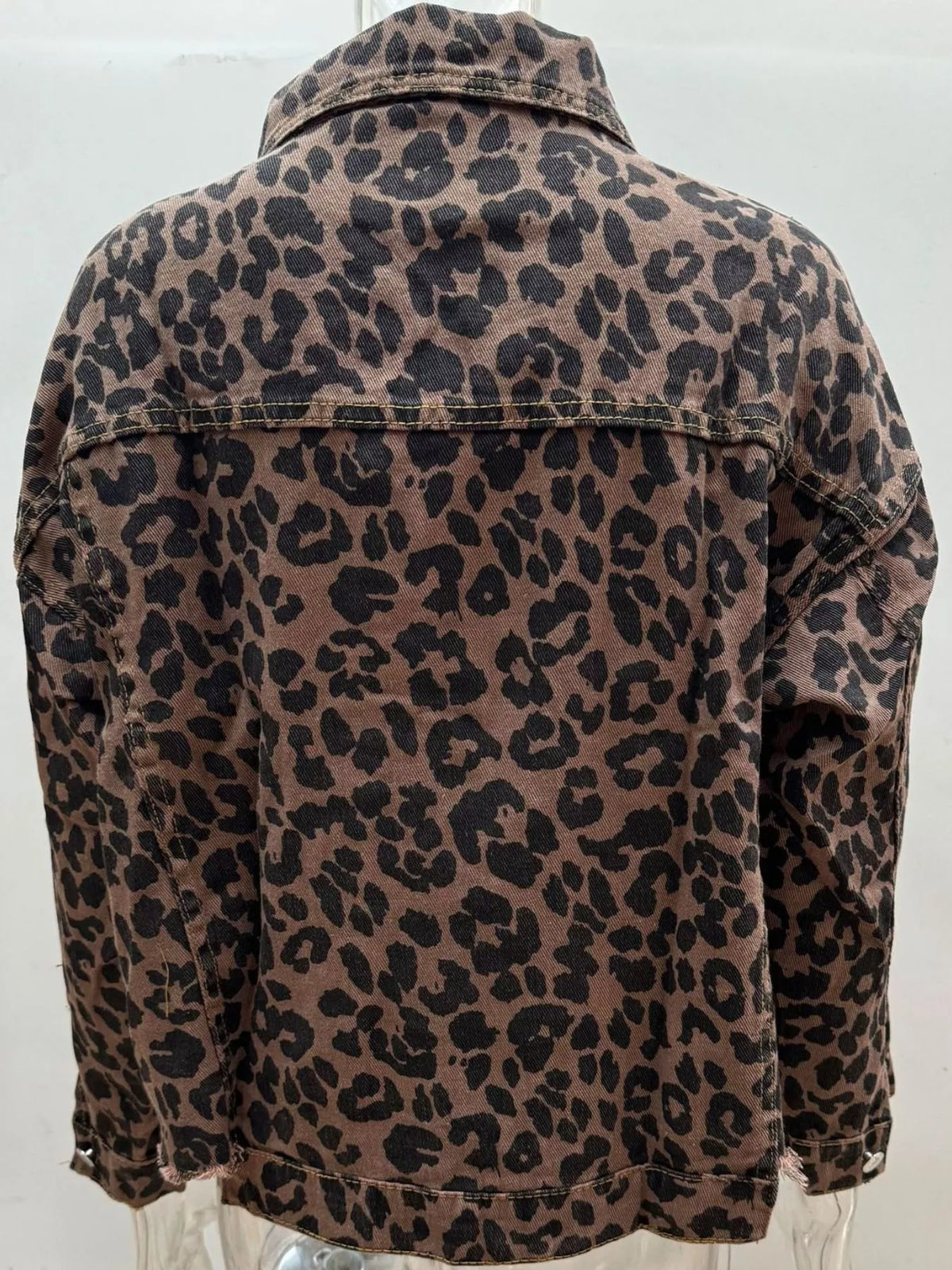 Leopard Print Raw Hem Denim Jacket, back view in leopard print