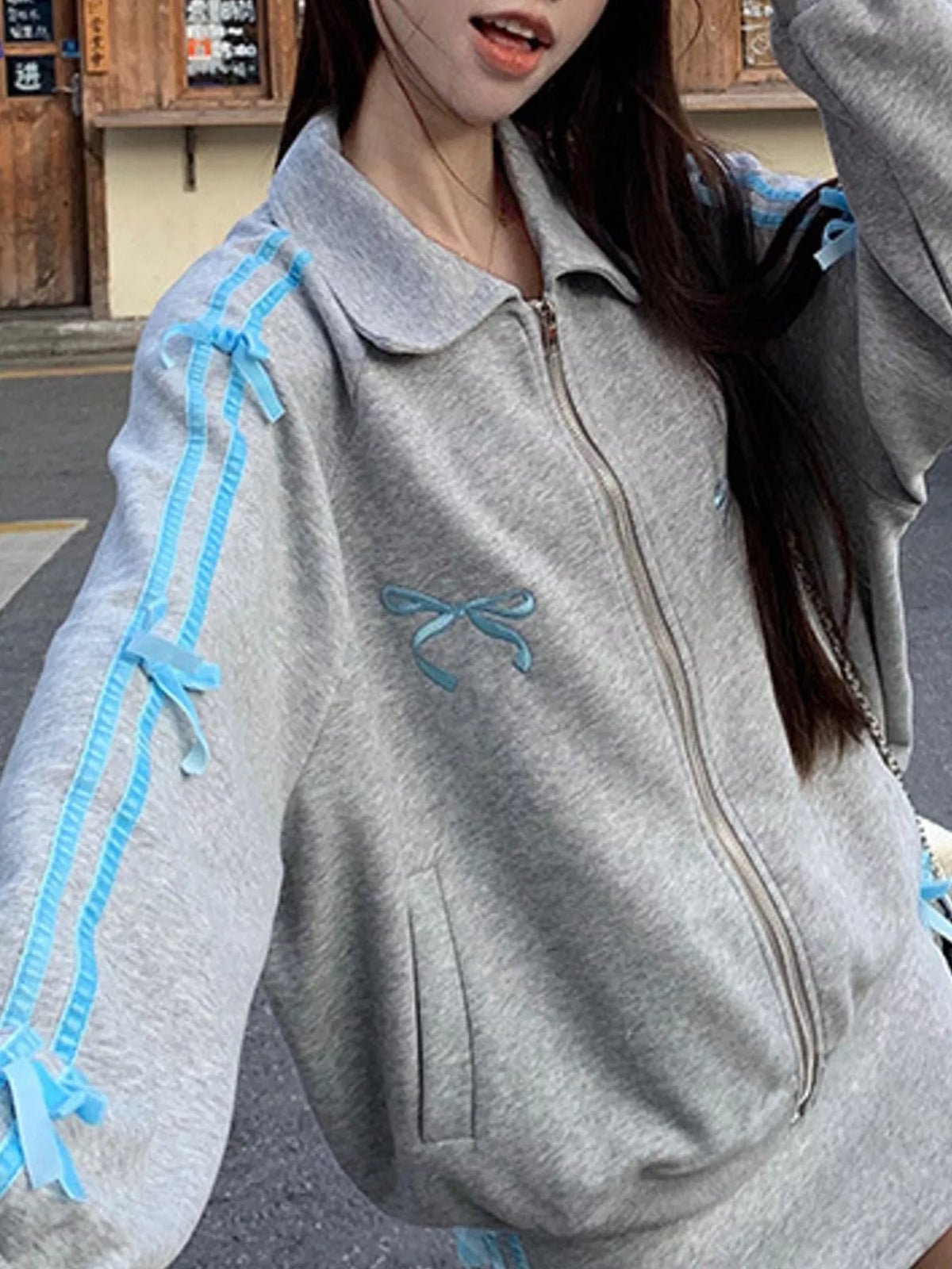 Heather Gray bow embroidered zip-up sweatshirt