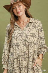 Trendsi Umgee Linen Botanical Print Tiered Midi Dress -