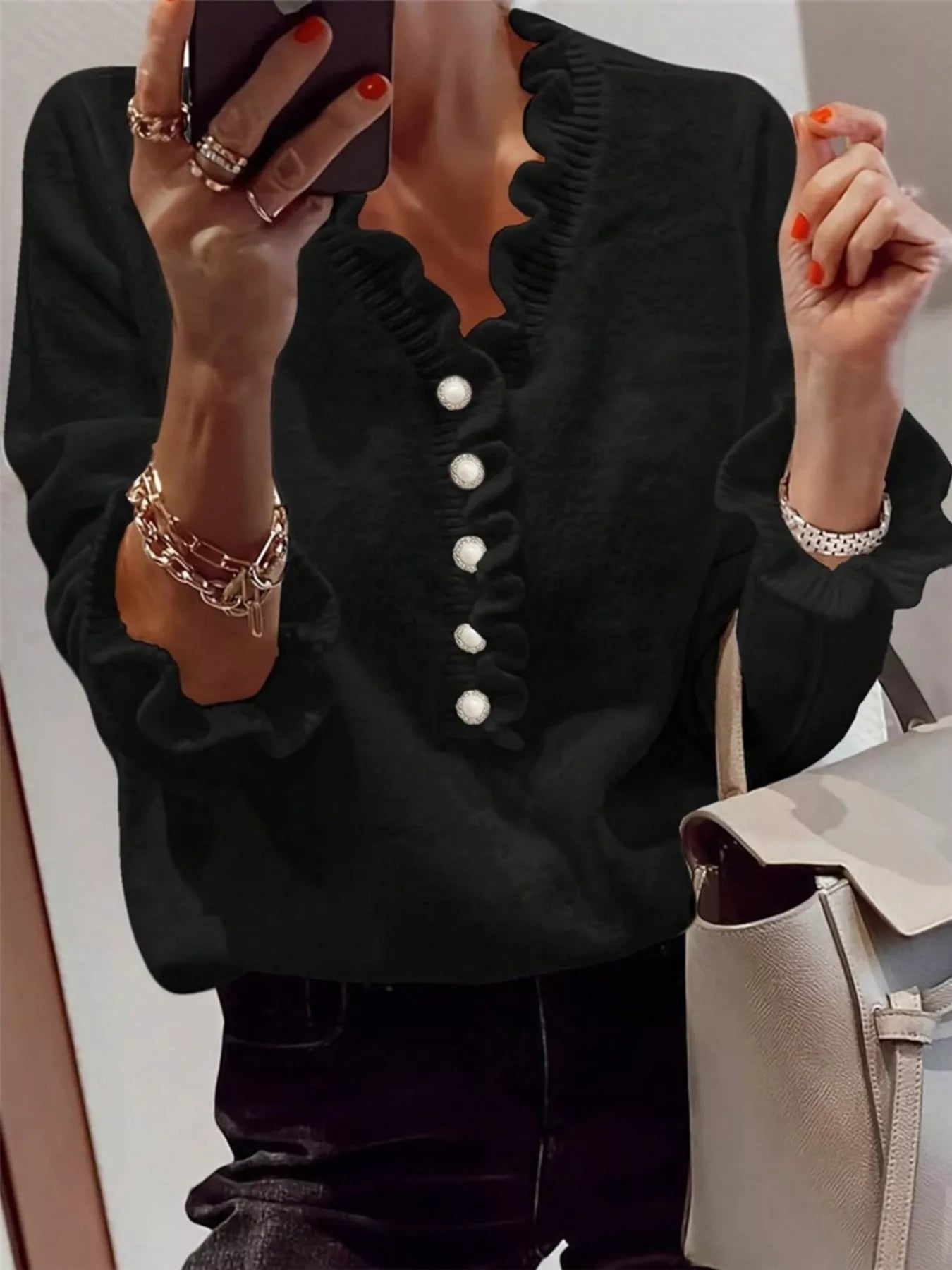 Trendsi Ruffled Pearl Button Sweater -