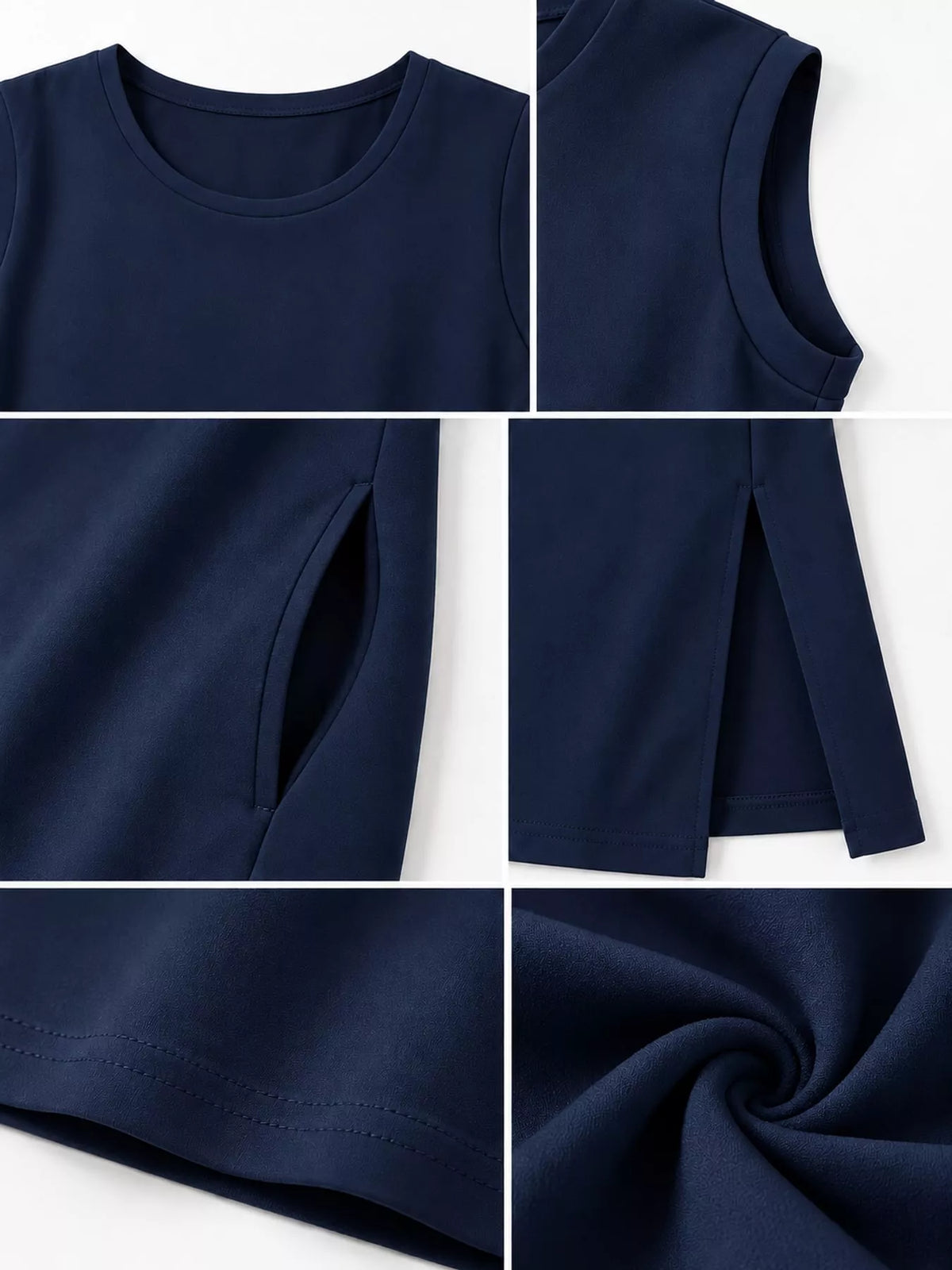 Round neck sleeveless maxi dress, construction and design details