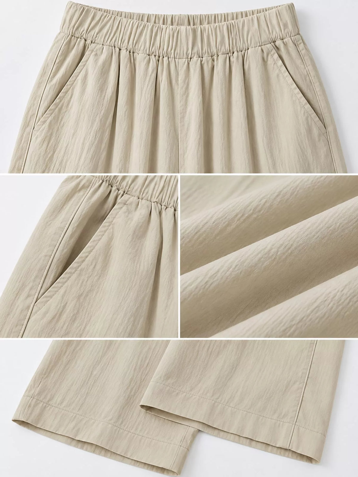 Women's High-Waisted Loose Fit Wide-Leg Casual Pants in beige — detail collage view