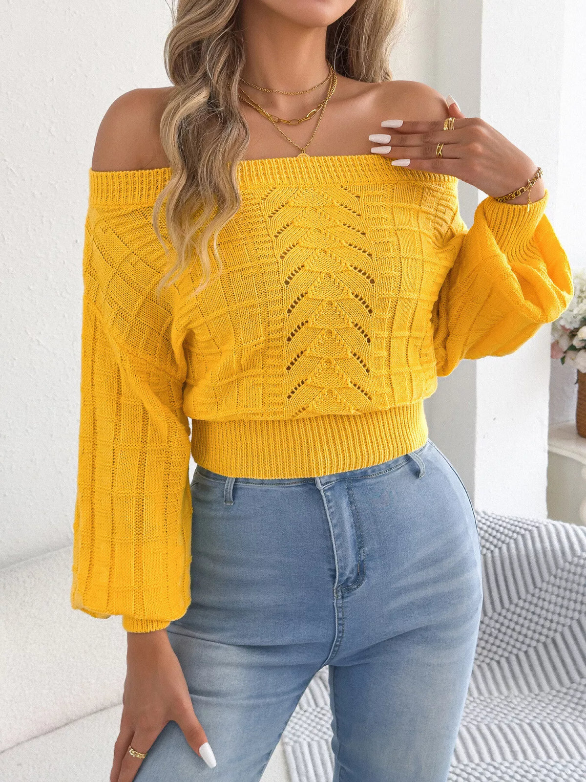 Yellow off-shoulder openwork cropped sweater