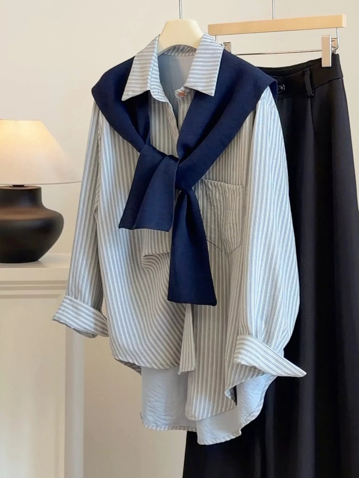 Striped High-Low Shirt with Knit Shawl — garment front
