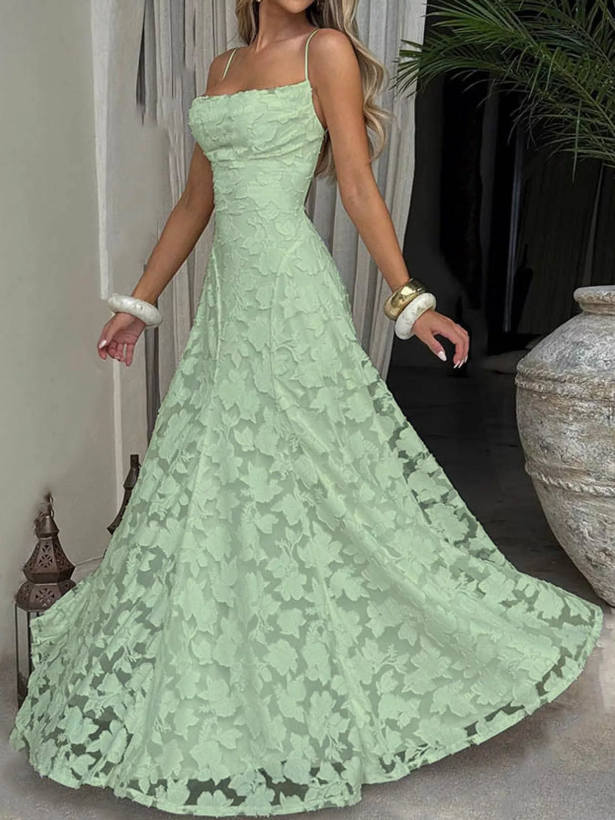 Mint green backless lace maxi dress, front view