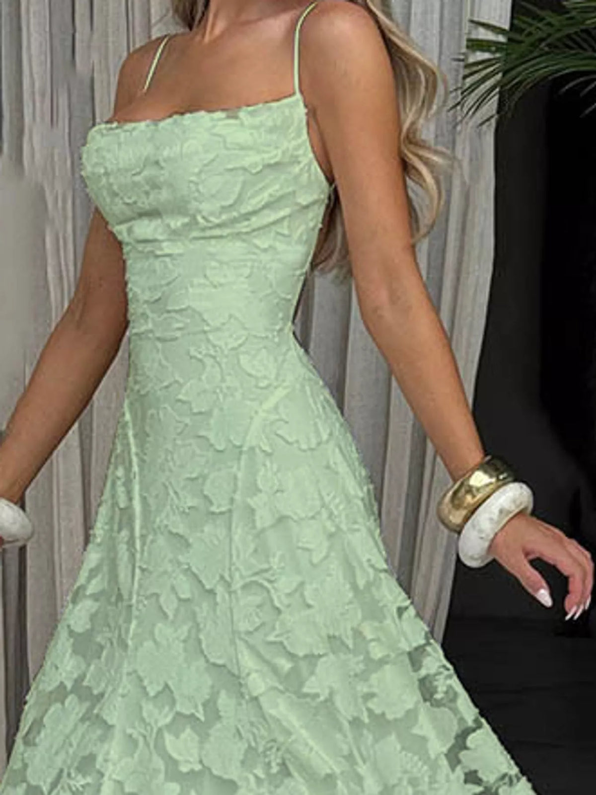 Mint green backless lace maxi dress, side view