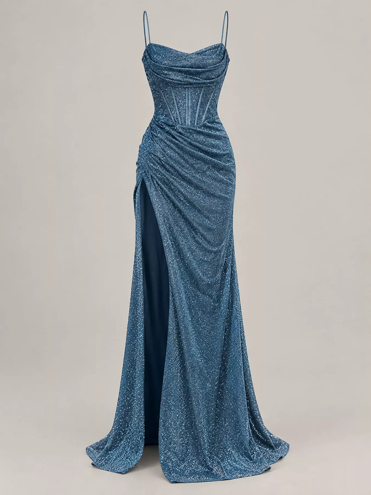 Blue high-slit glitter maxi evening dress — front view