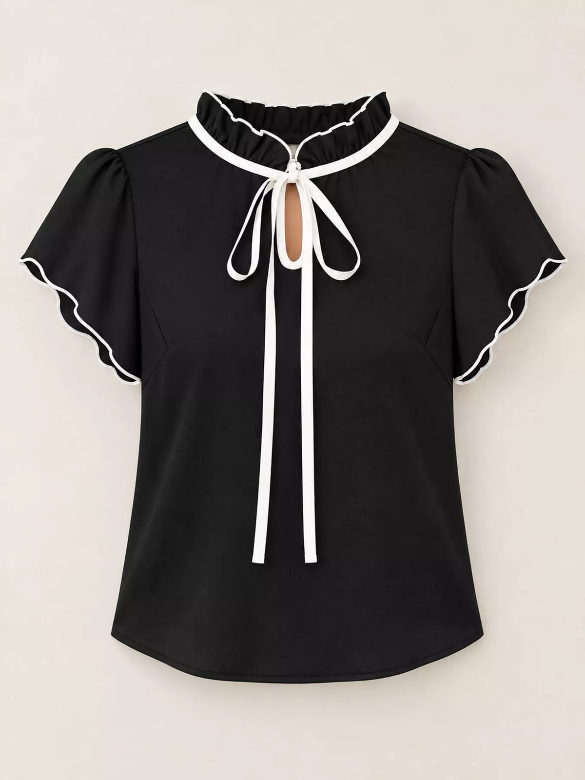 Contrast Trim Ruffle Sleeve Tie-Front Blouse in black and white