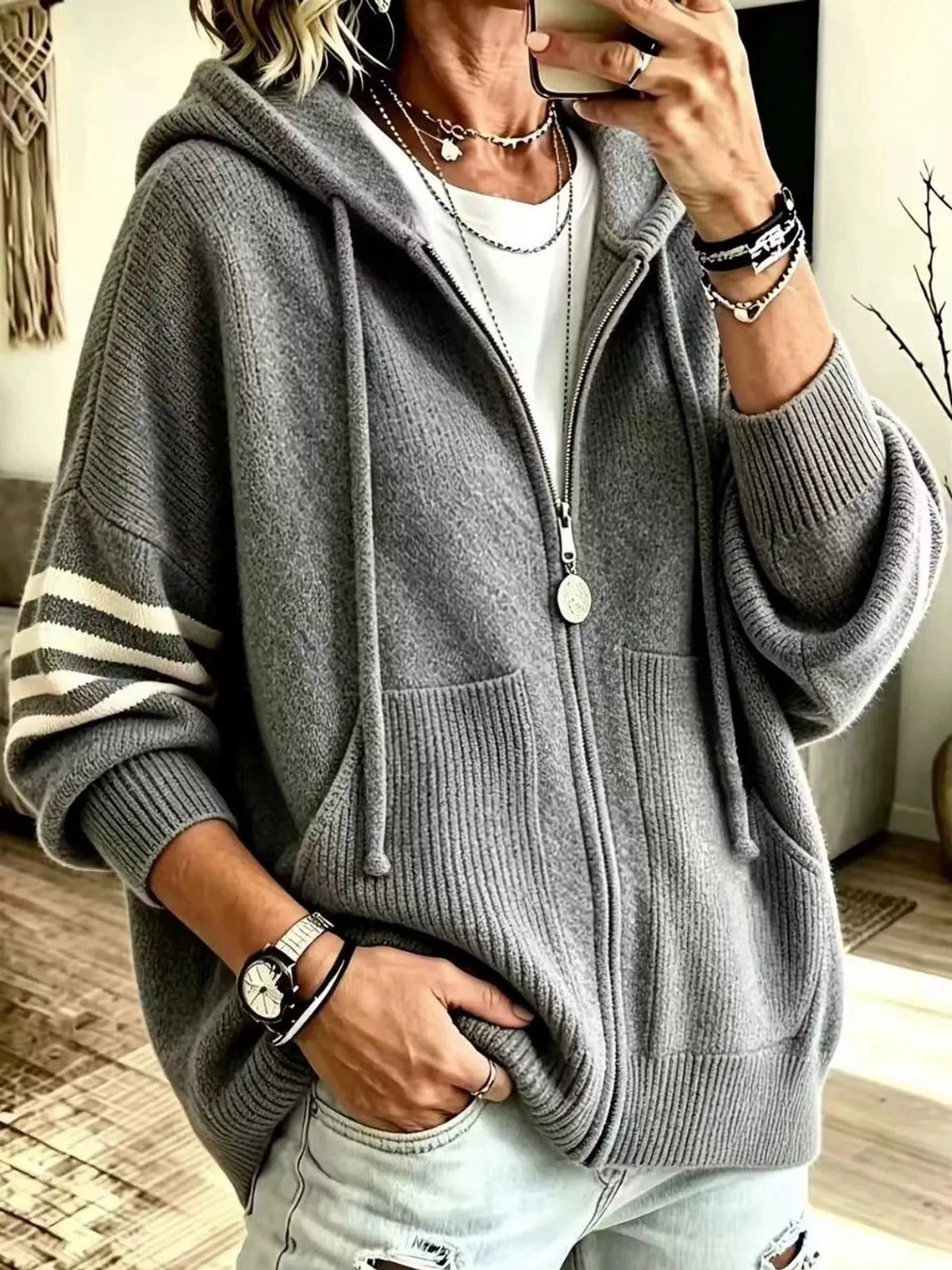 Gray hooded zip-up knit cardigan
