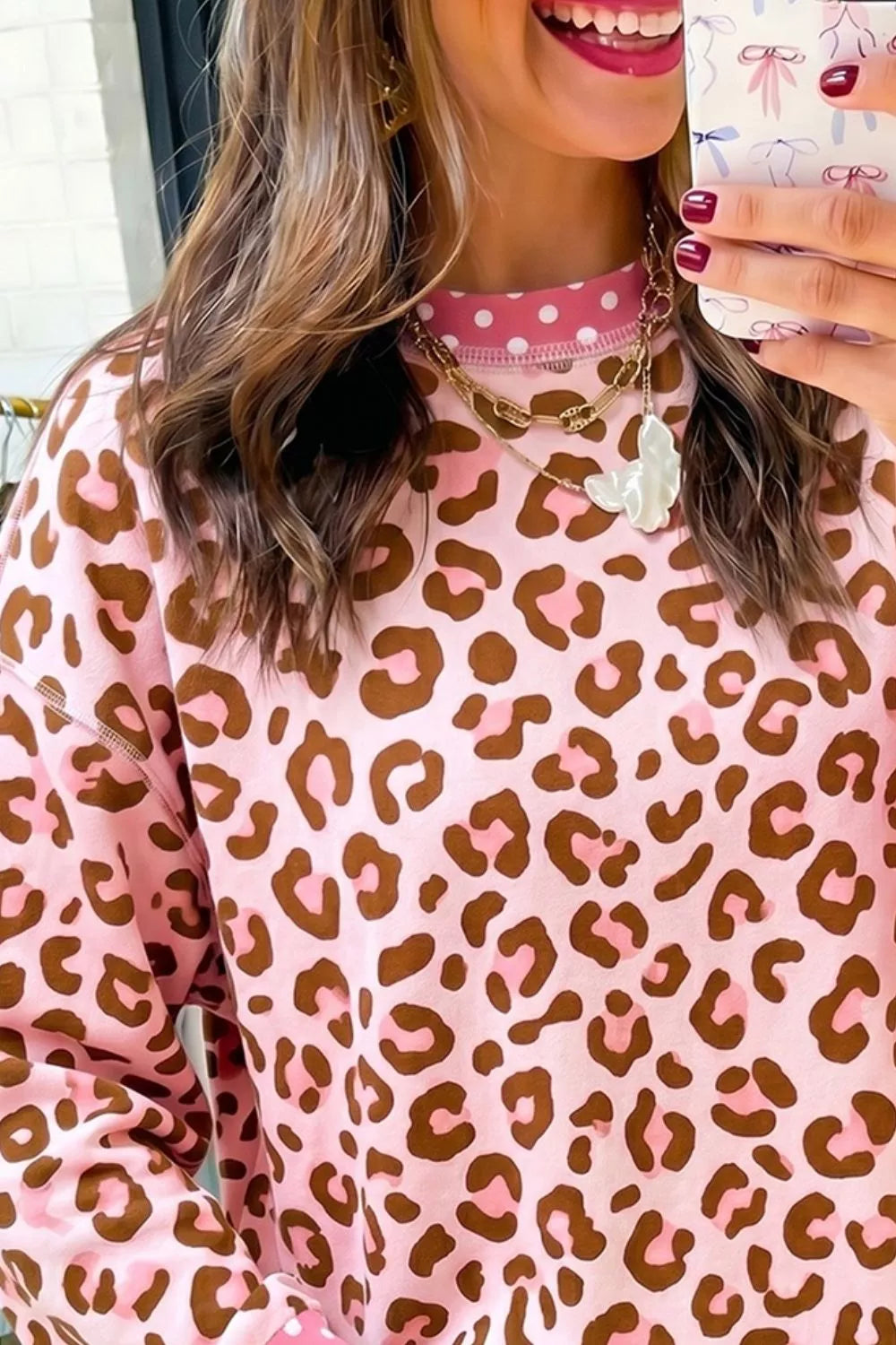 Trendsi Polka Dot Contrast Trim Leopard Round Neck Sweatshirt -
