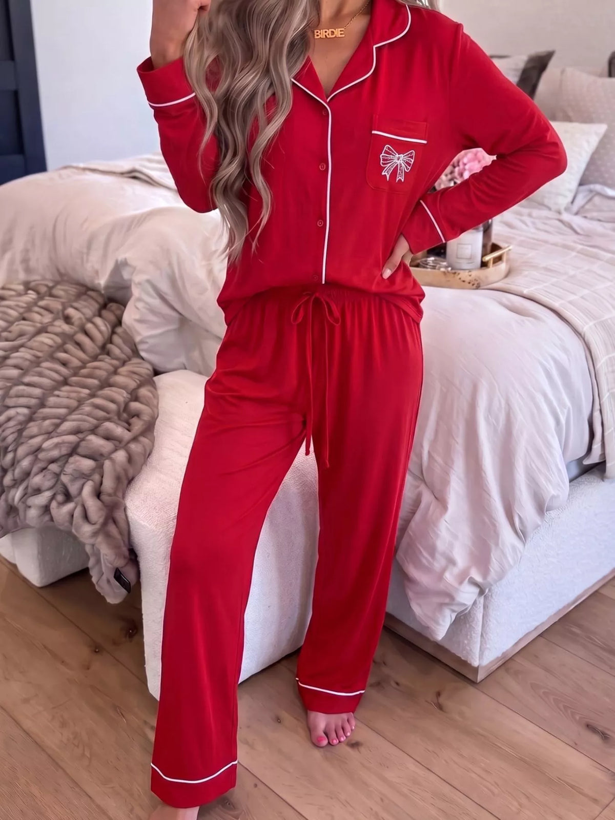 Deep Red bow pocket long sleeve pajama set