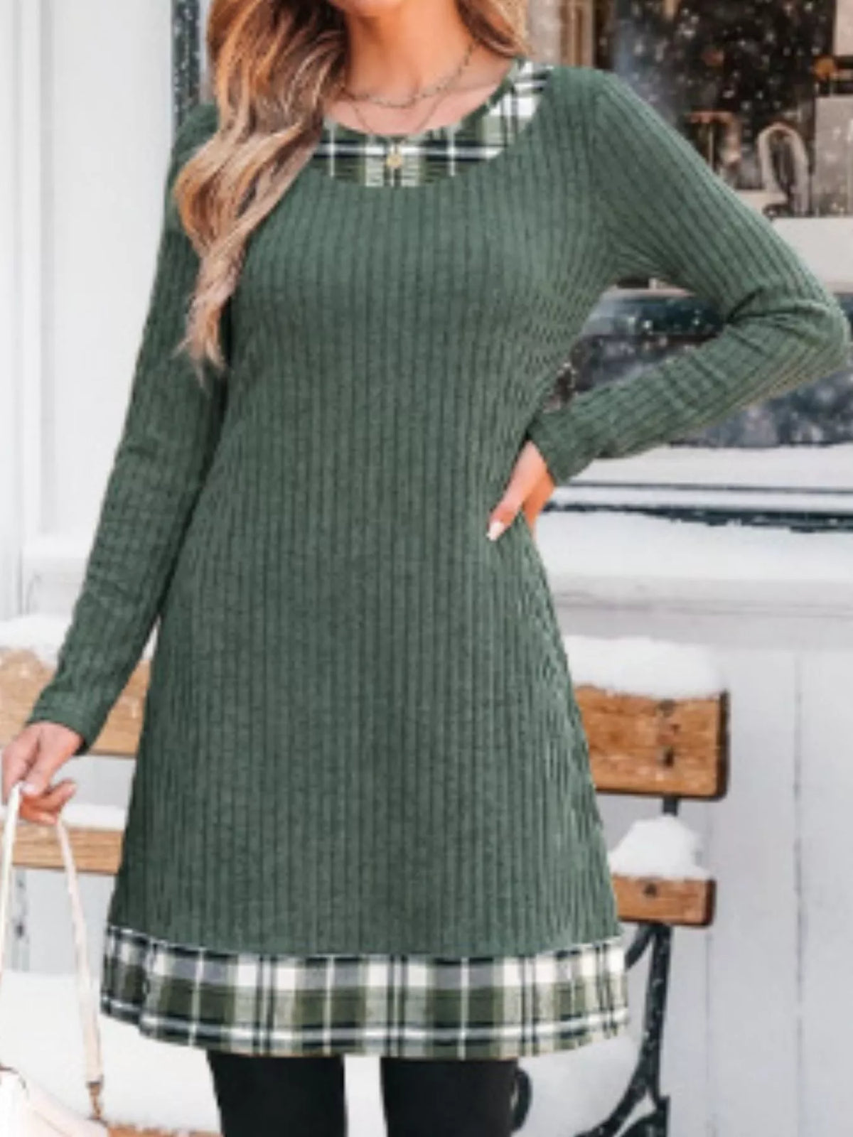 Round neck long sleeve mini dress, front view on model