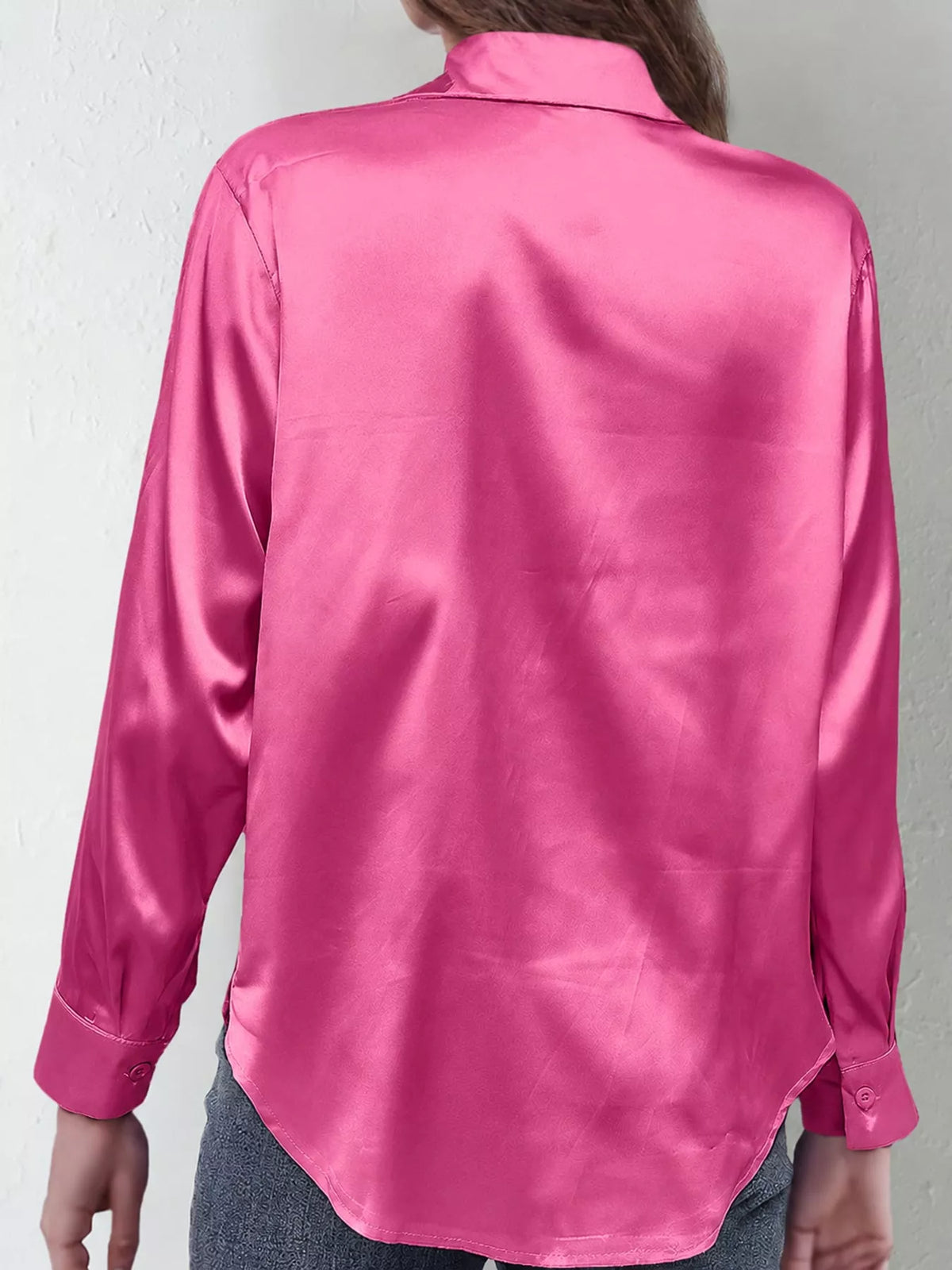 Bright Pink satin button-down long sleeve shirt, back view