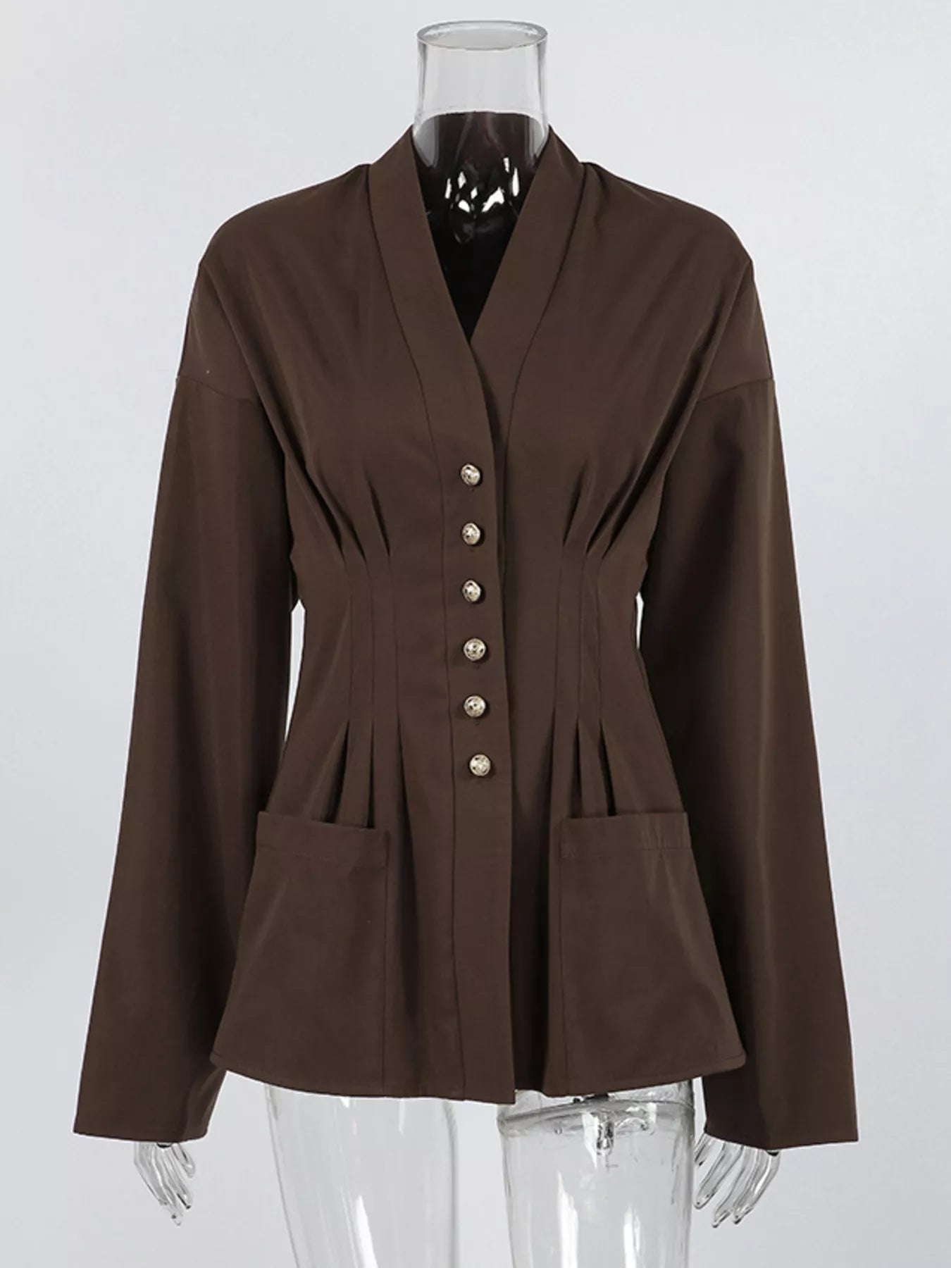 Trendsi Pleated Waist Blouse with Button Detail -