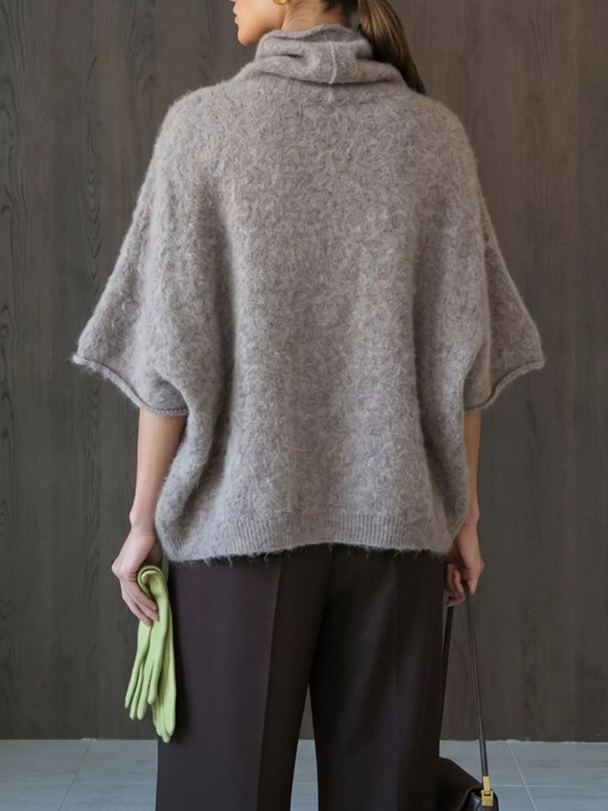 Fuzzy short-sleeve turtleneck sweater in mocha, back view