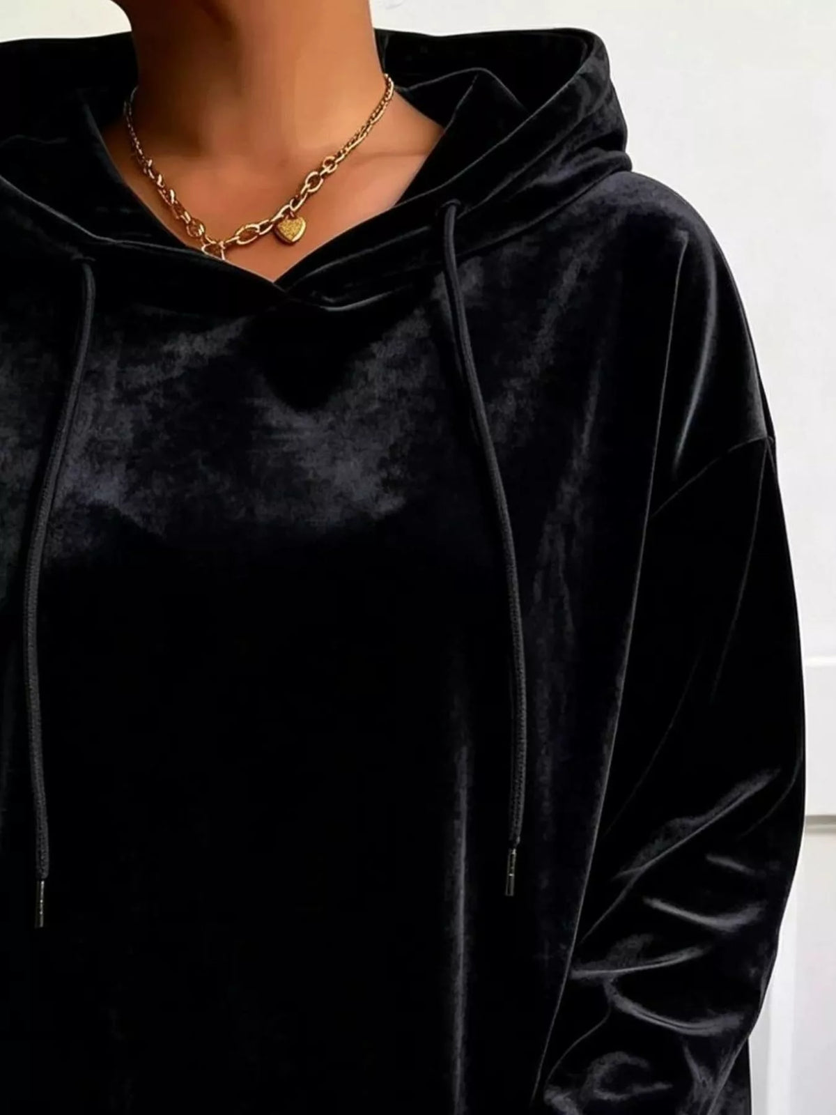 Black velvet drawstring hoodie, hood and drawstring neckline