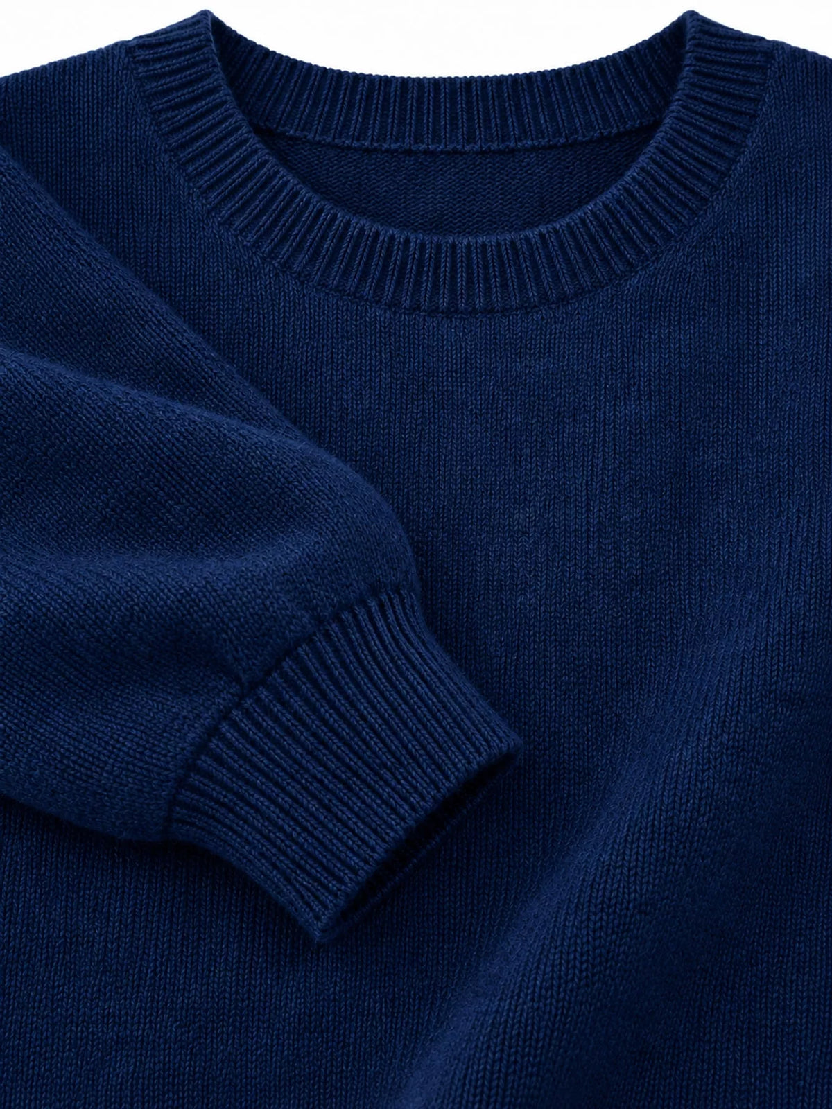 Dark Blue crew neck sweater, detail view