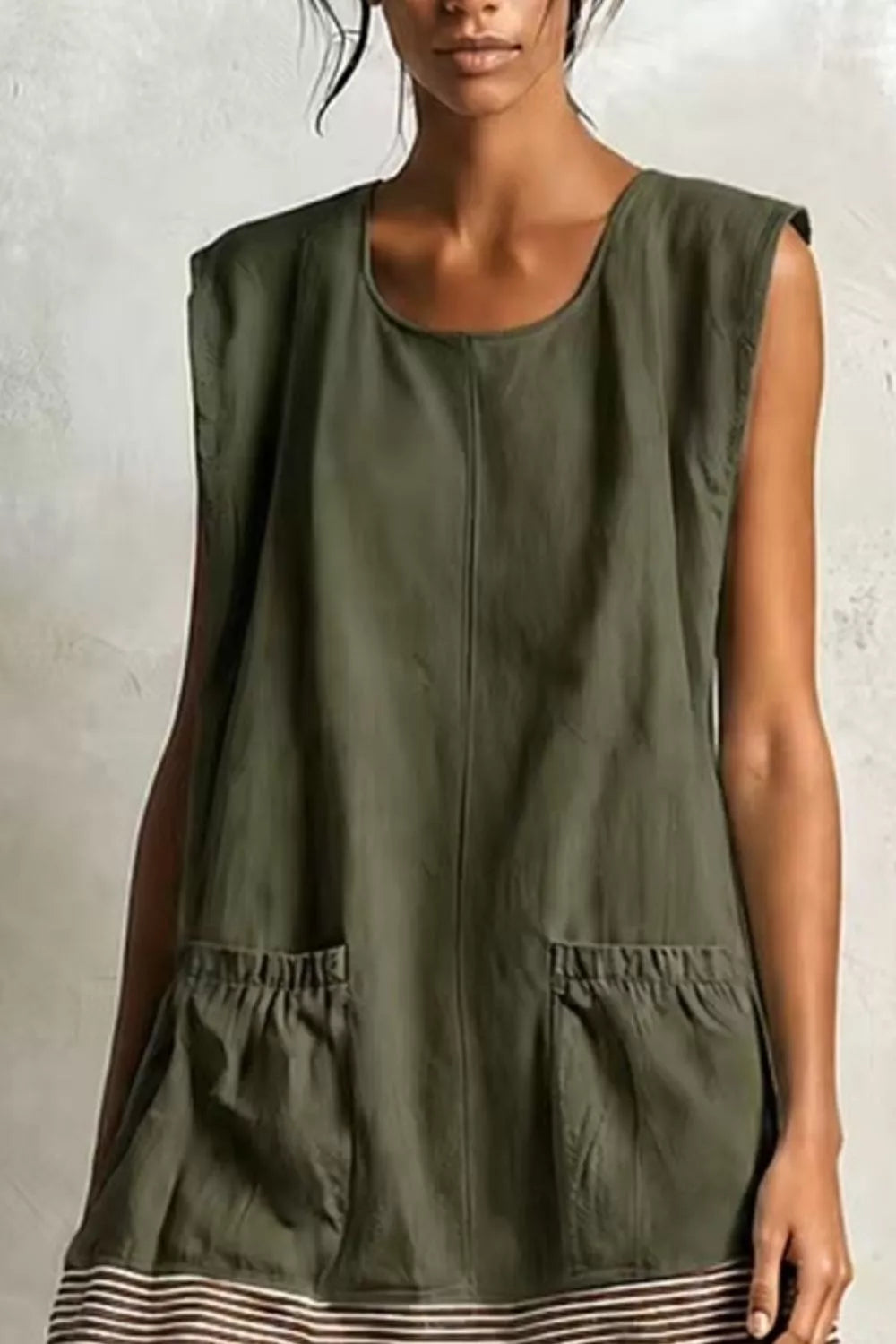 Olive and brown ruffled-hem sleeveless dress, neckline detail