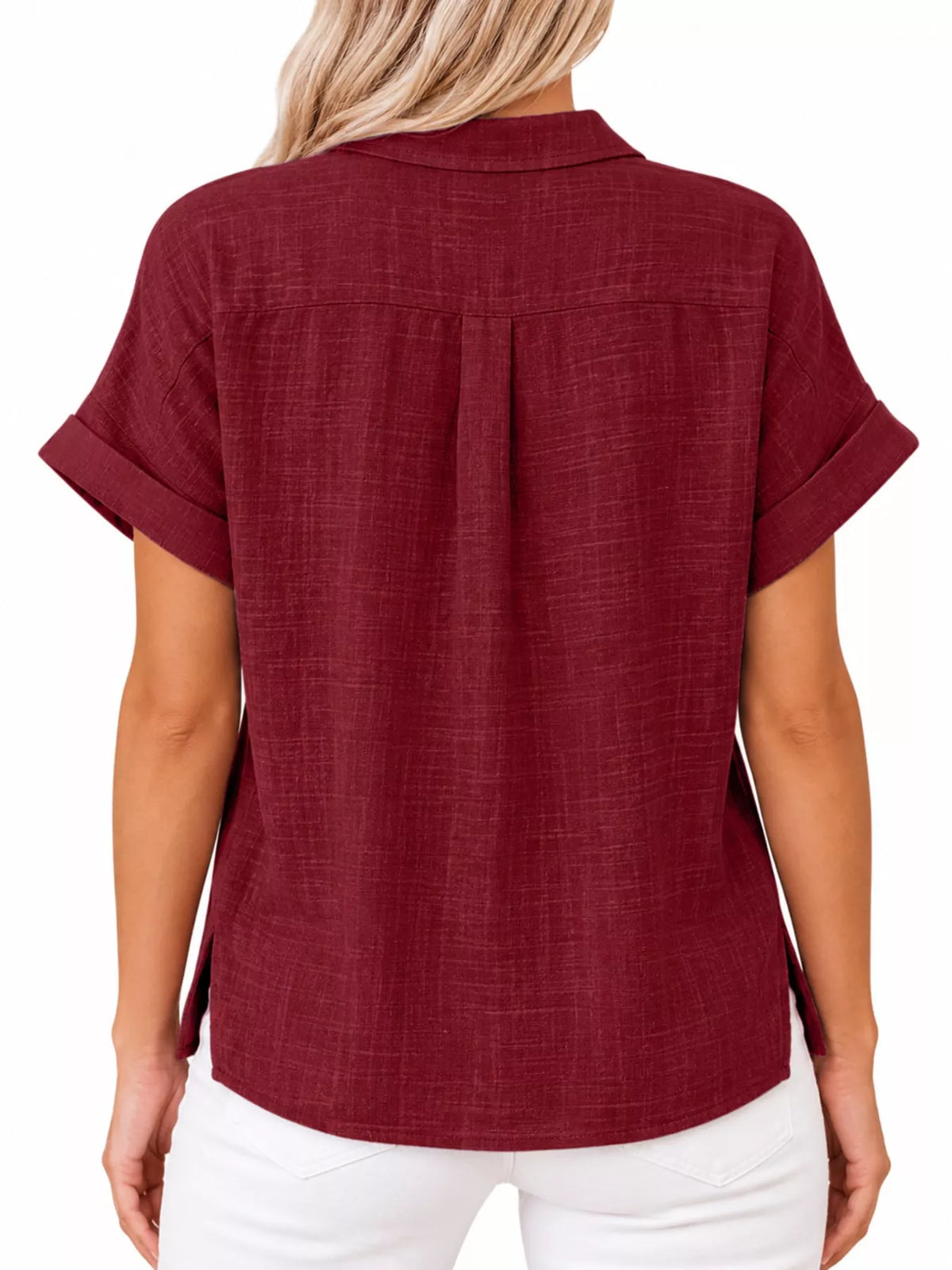 Women's Button Up Short Sleeve Shirt in burgundy — back view
