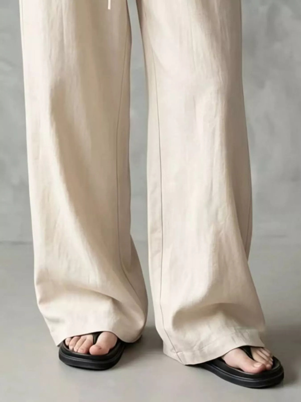 Women's Drawstring Wide-Leg Casual Pants in cream — hem detail view