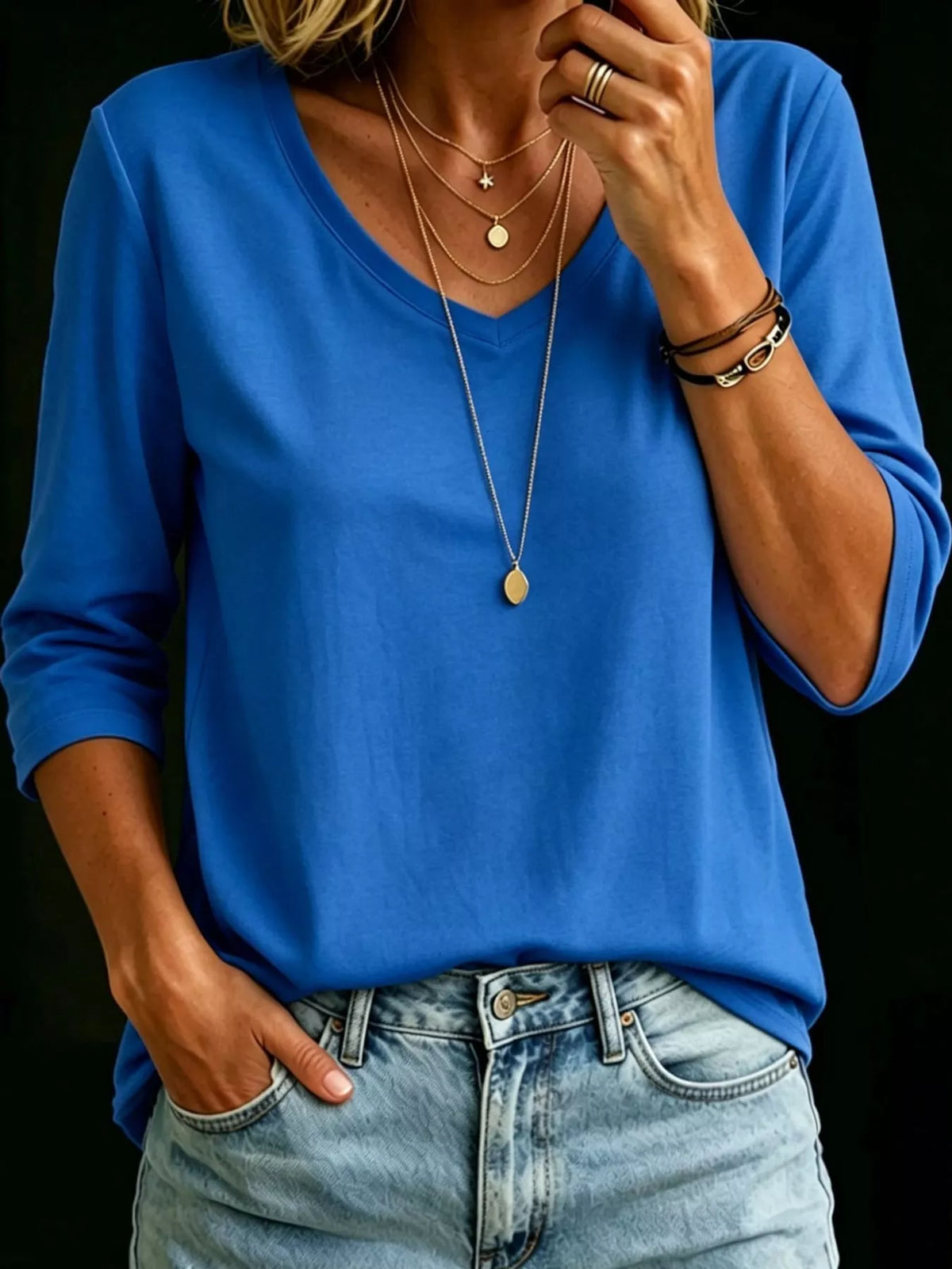 Blue V-neck half sleeve T-shirt