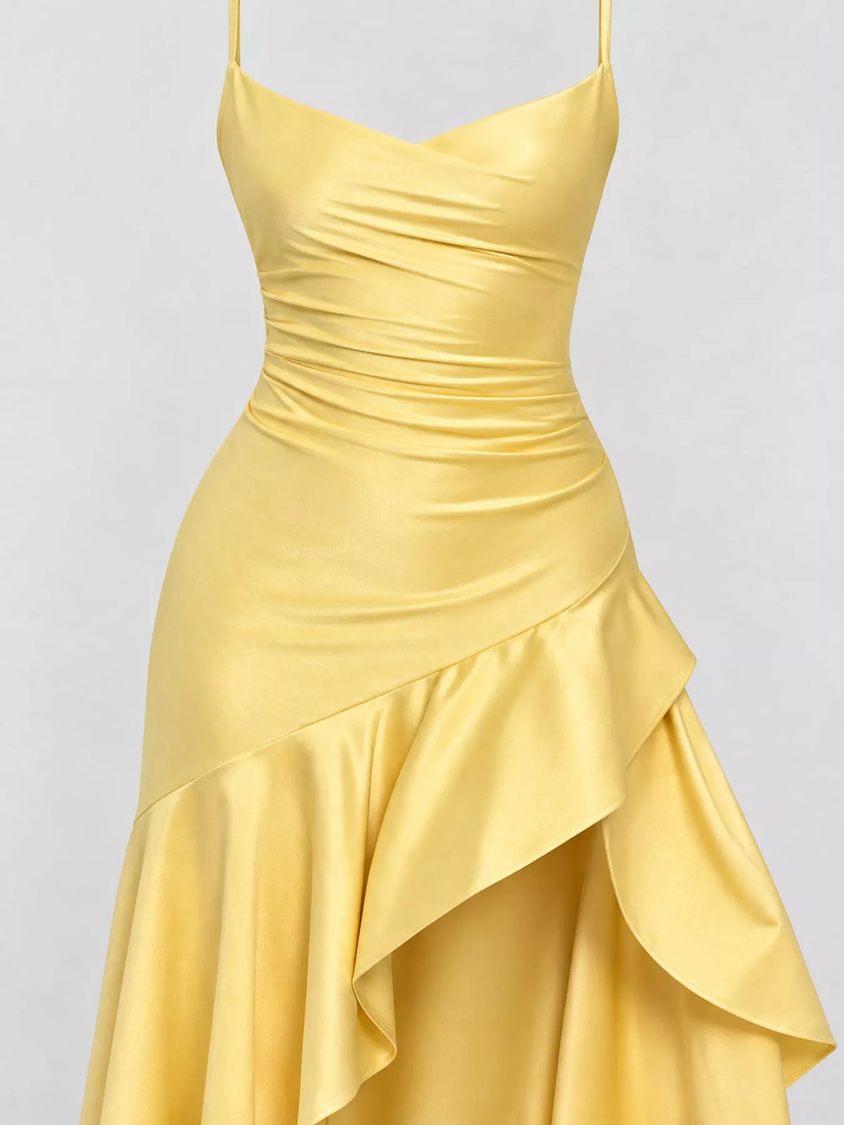 Yellow high-low ruffle-hem evening dress, ruched bodice detail