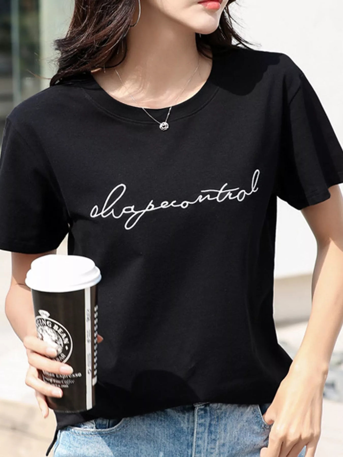 Black letter embroidered round neck t-shirt