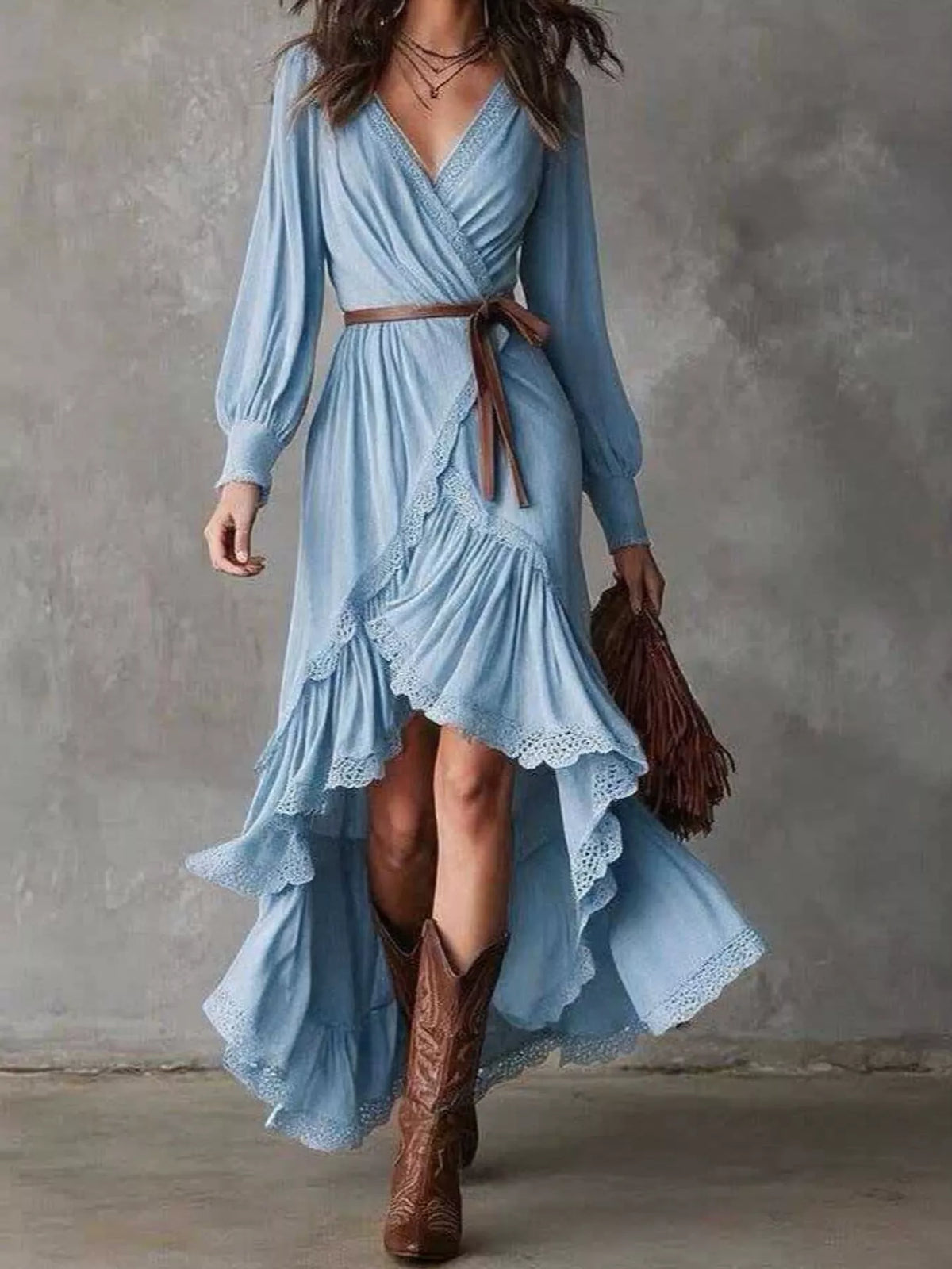 High-Low Hem Surplice Dress in sky blue