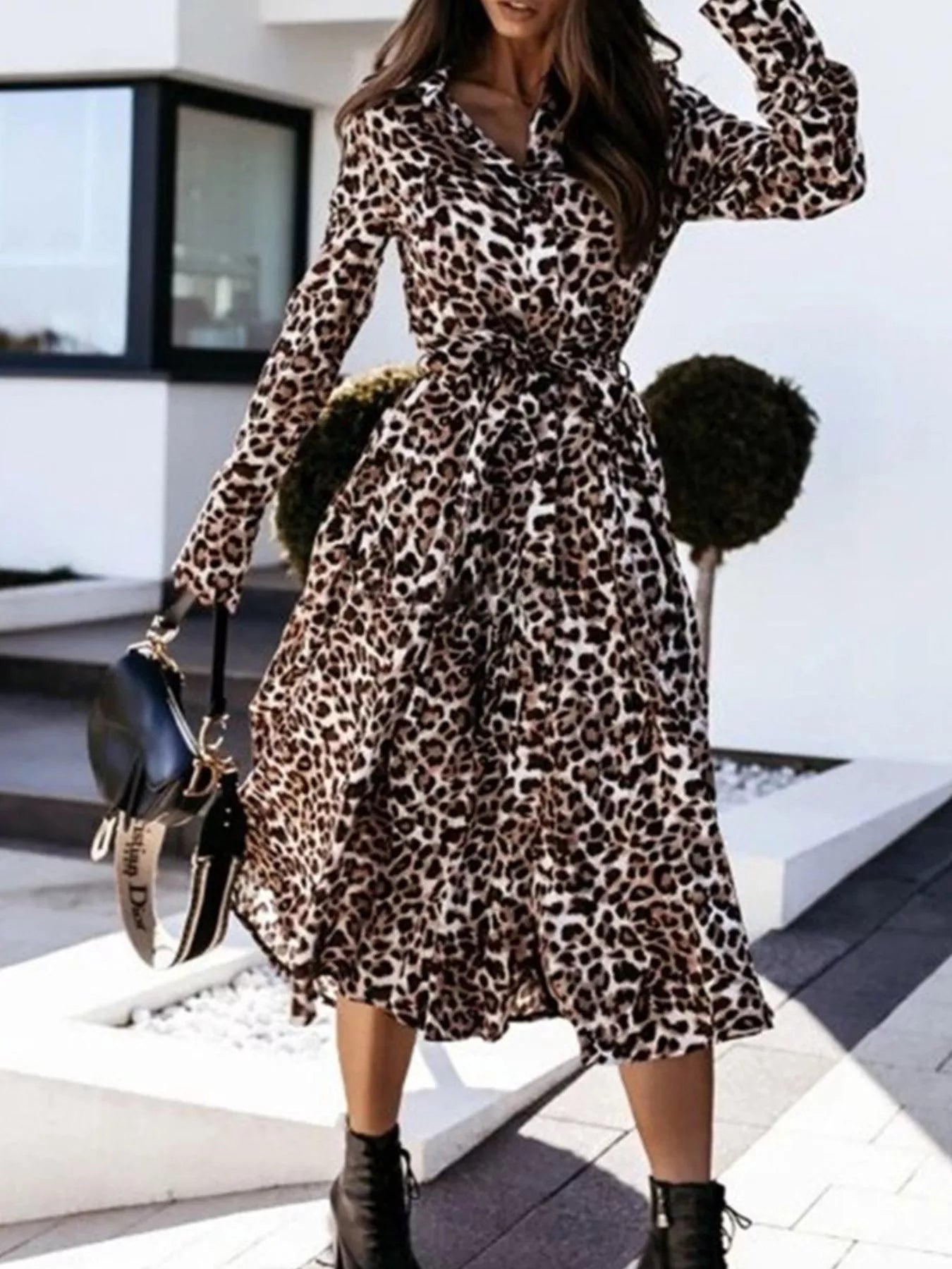 Trendsi Leopard Print Button-Down Midi Dress with Belt -
