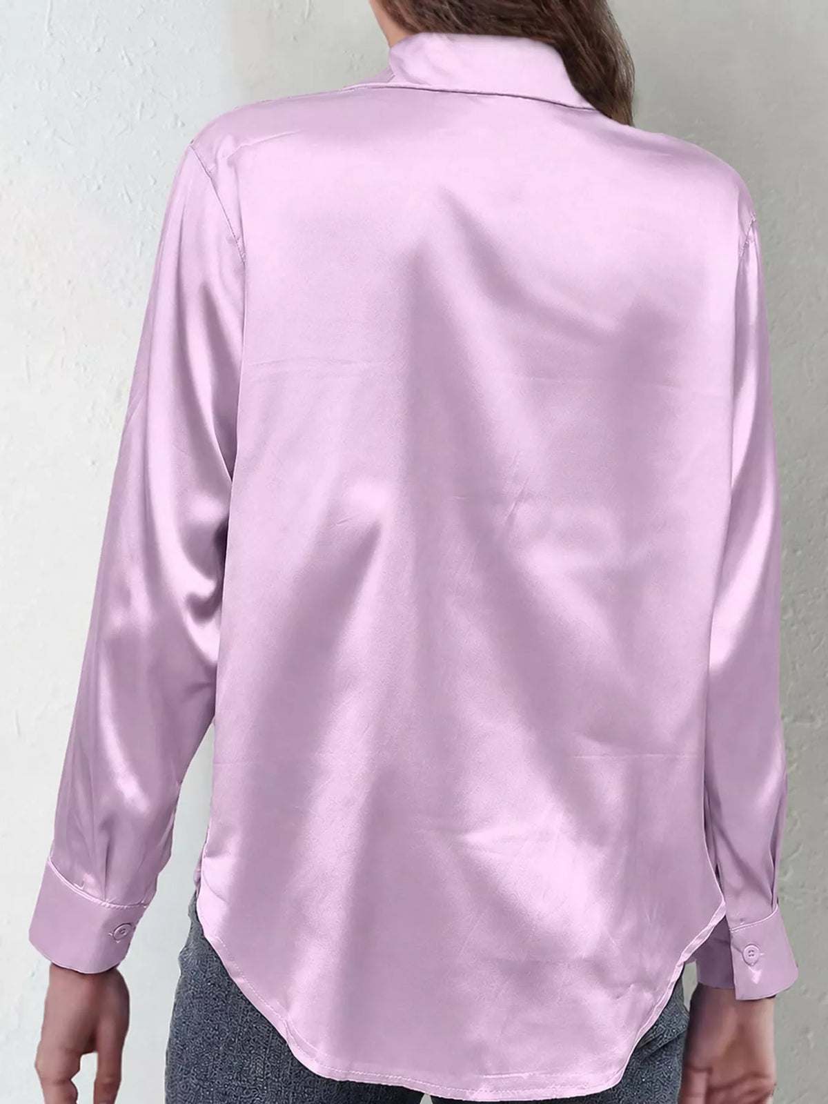Lavender satin button-down long sleeve shirt, back view