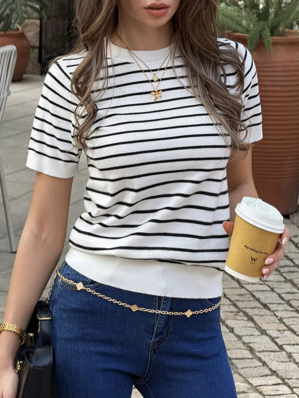 Black striped short-sleeve knit top